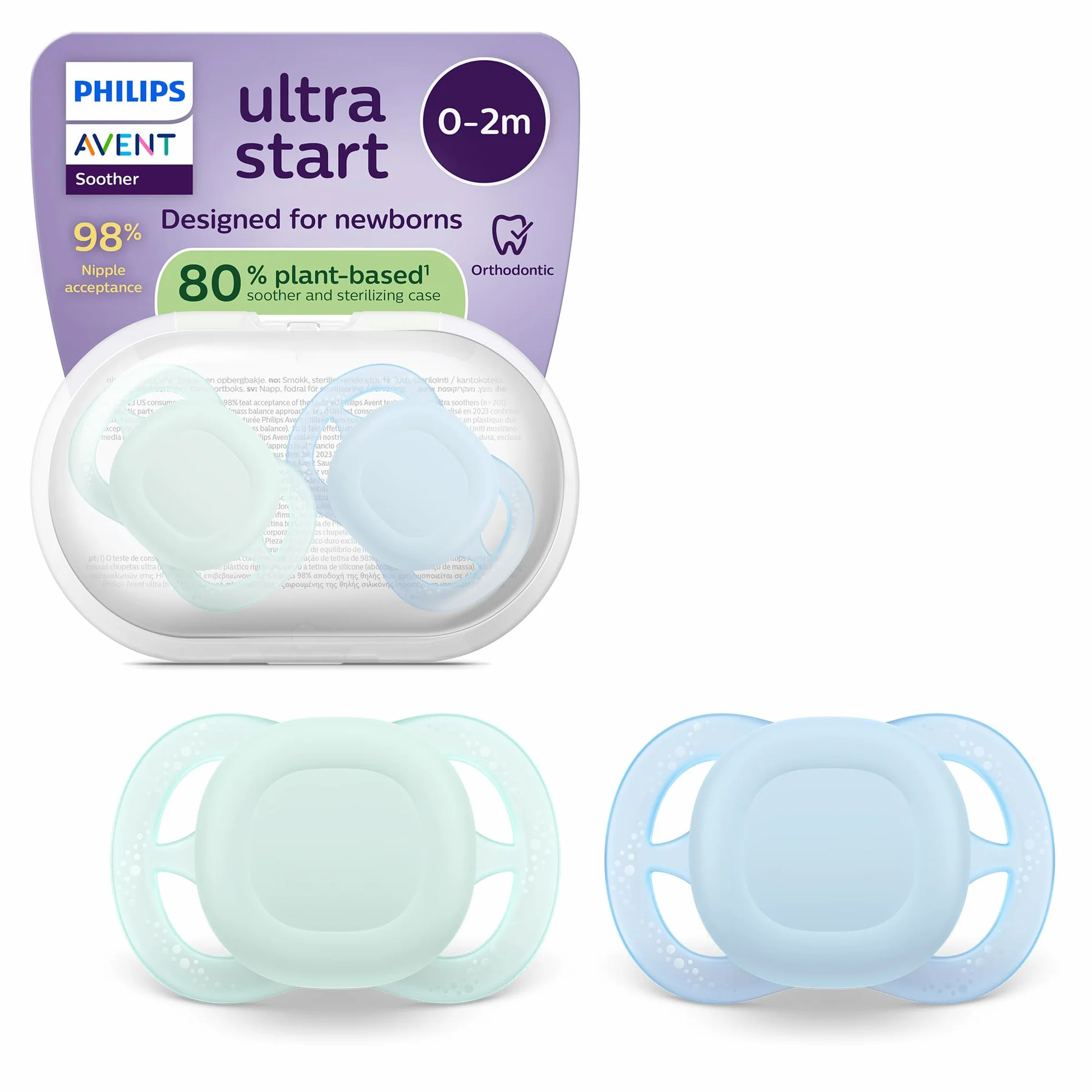 Philips Avent Ultra Start Ciuccio ortodontico neonati silicone senza BPA custodia sterilizzazione confezione da 2 SCF075/12