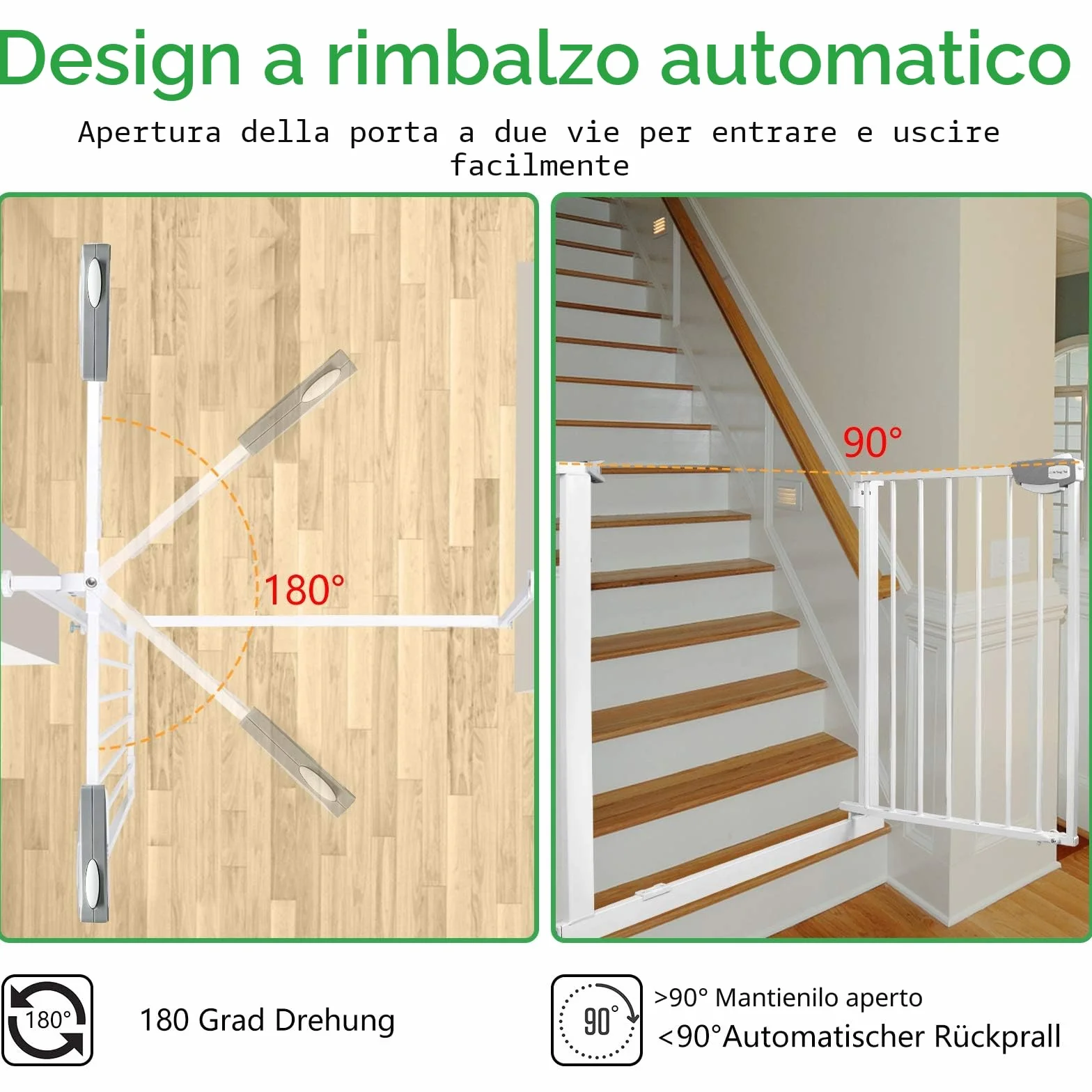 Cancelletto di protezione per porte in metallo, largo 105-115 cm, chiusura automatica, bianco