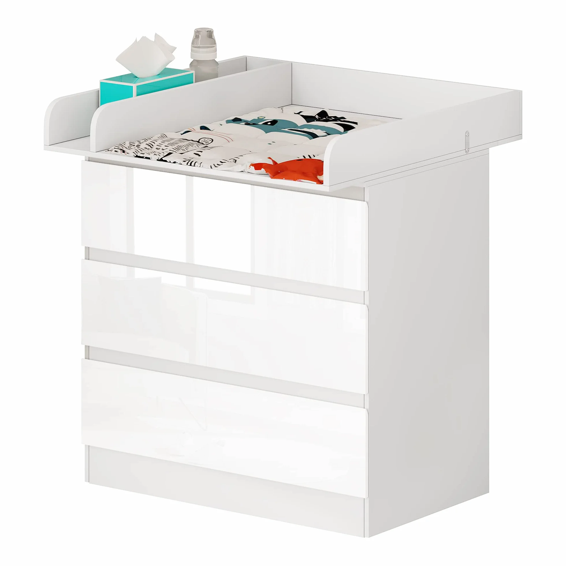 WOLTU Cassettiera con Fasciatoio per Bambini, 3 Cassetti, MDF, Truciolare e Metallo, Bianco + Bianco Lucido