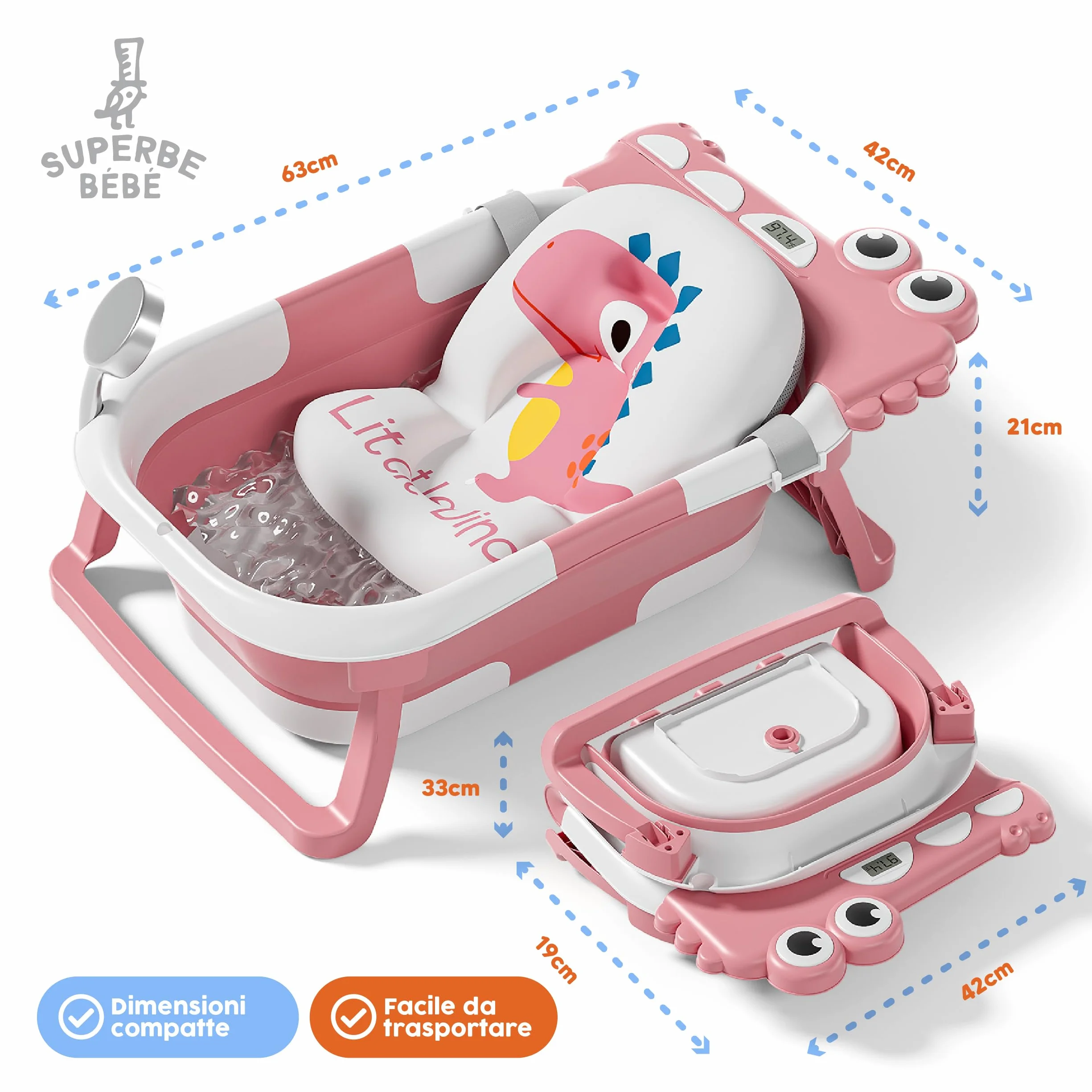Vaschetta Bagnetto Neonato Pieghevole con Cuscino e Termometro 1-3 Anni