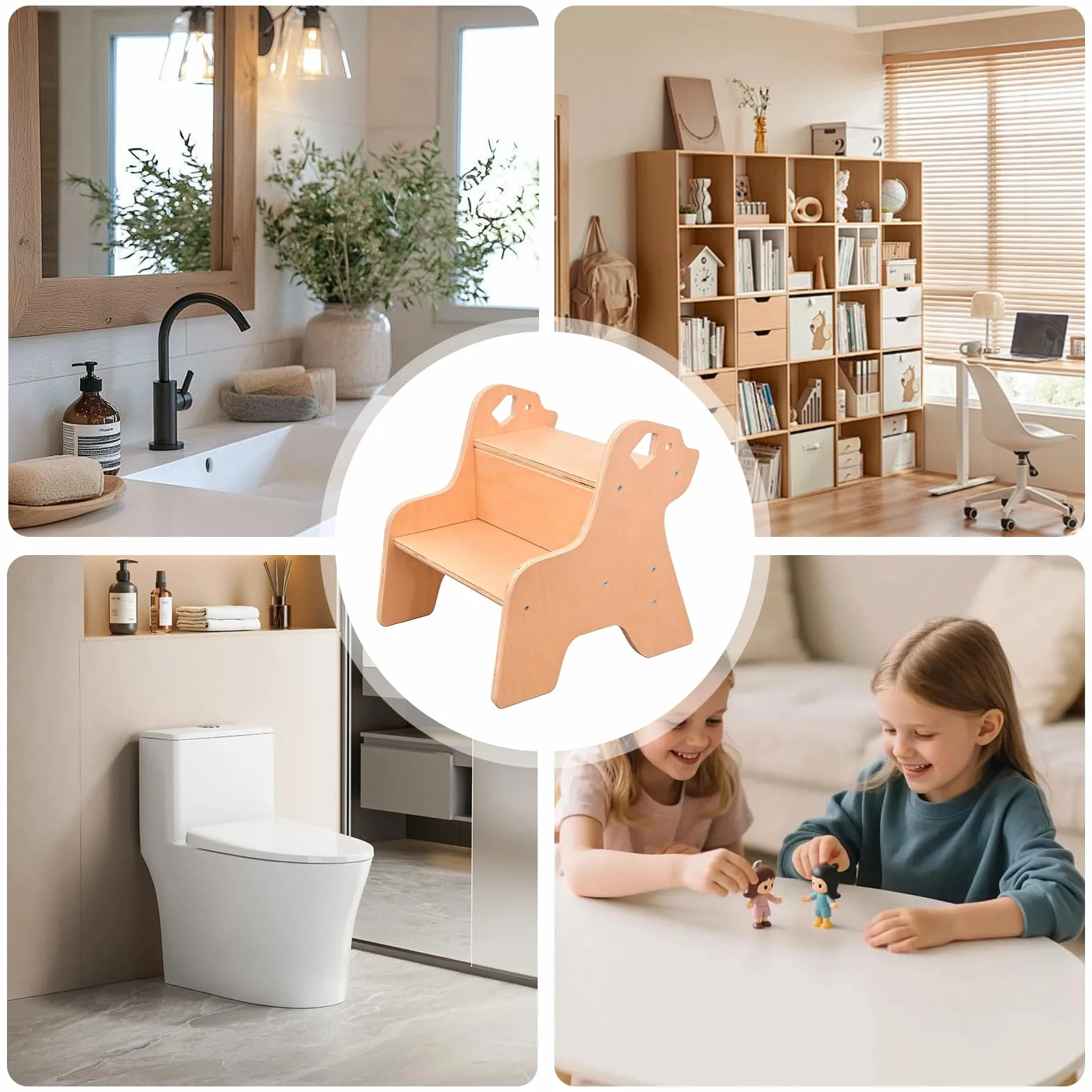 Sgabello a 2 Livelli per Bambini in Legno con Maniglia, Robusto Gradino per Cucina Bagno Cameretta
