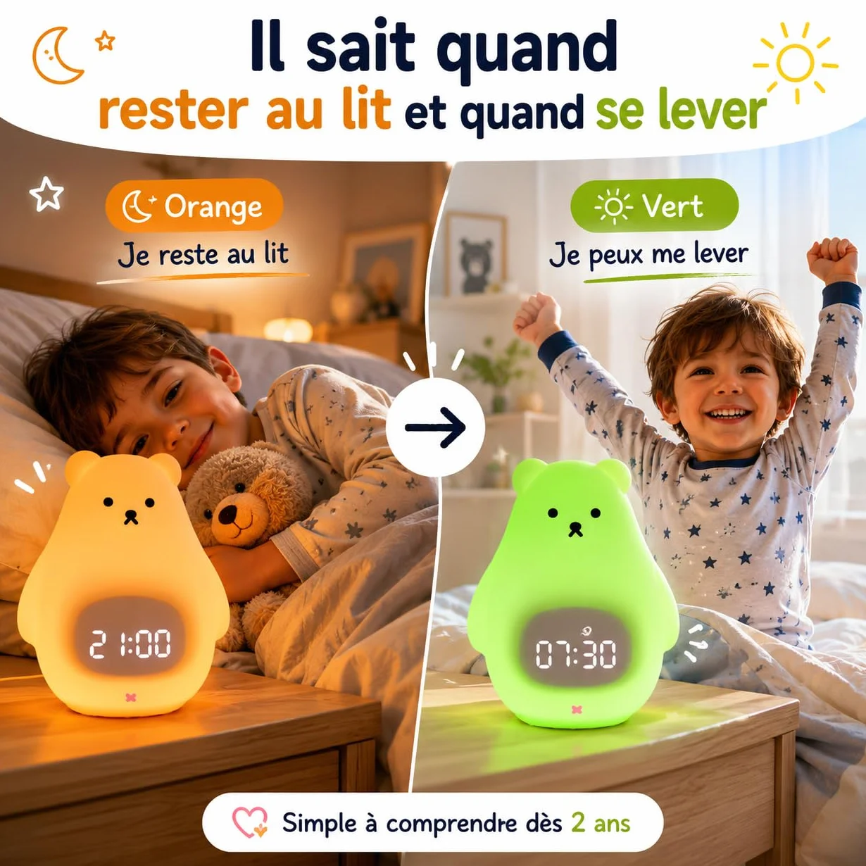 Kemi Sveglia educativa e luminosa giorno/notte con luce LED - Controllo app iOS/Android - Ricaricabile - Apprendimento del sonno - Ragazza & Ragazzo