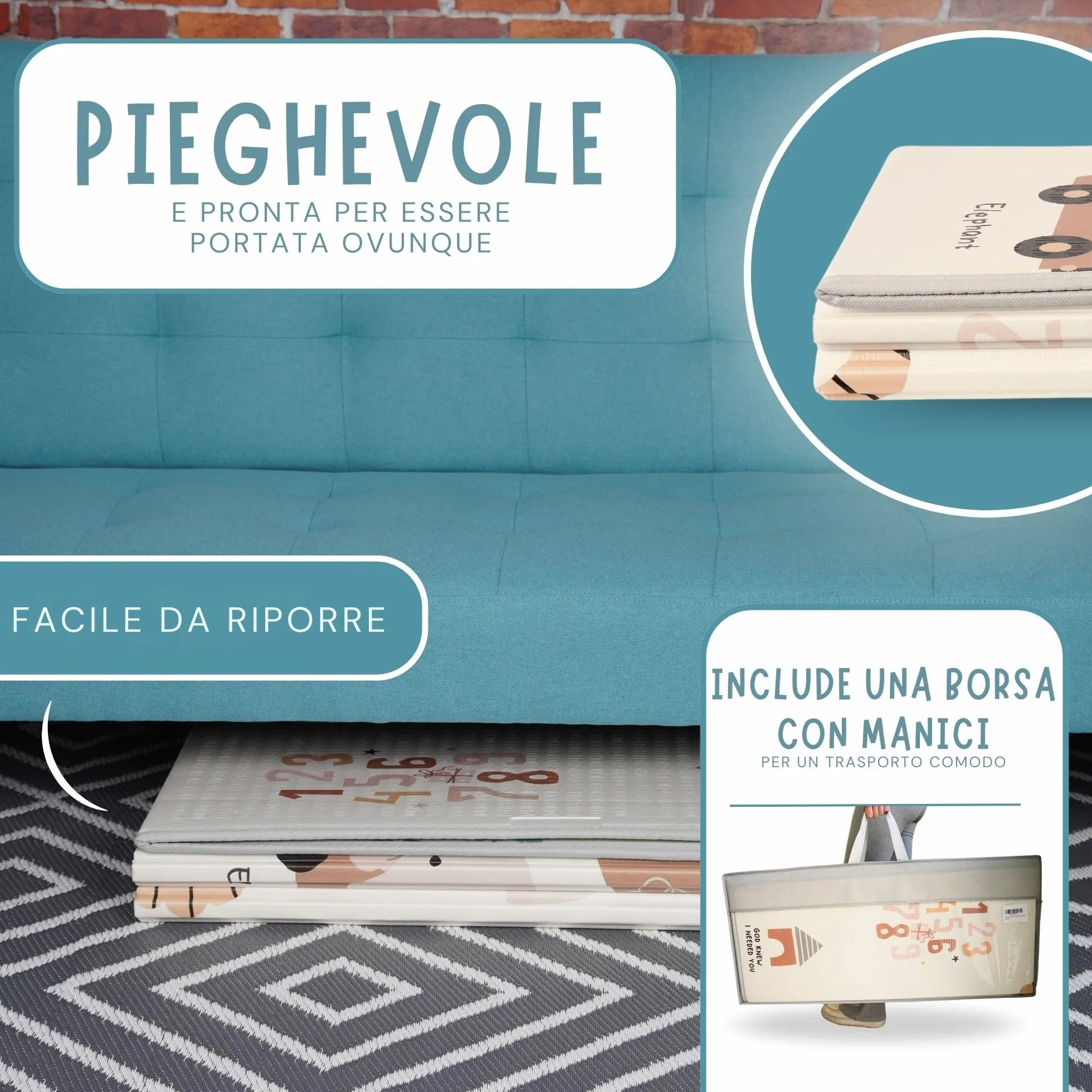 Tappeto Gioco Bambini 200x180 cm Pieghevole Reversible Impermeabile con Bordi Cuciti