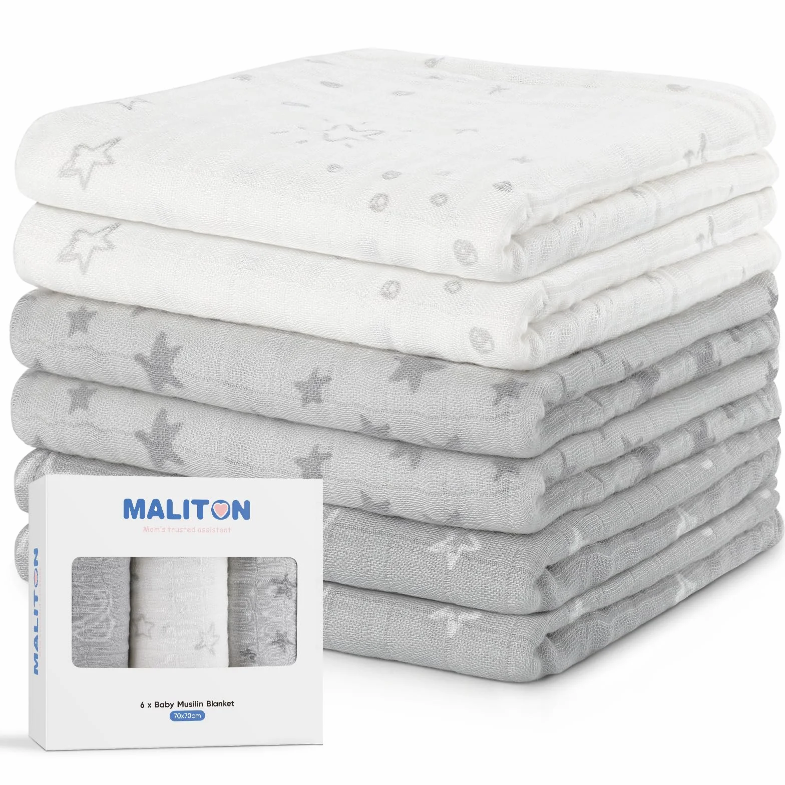 Maliton Mussole Neonato 6 Pz 70x70cm Panni in Mussola morbidi assorbenti traspiranti