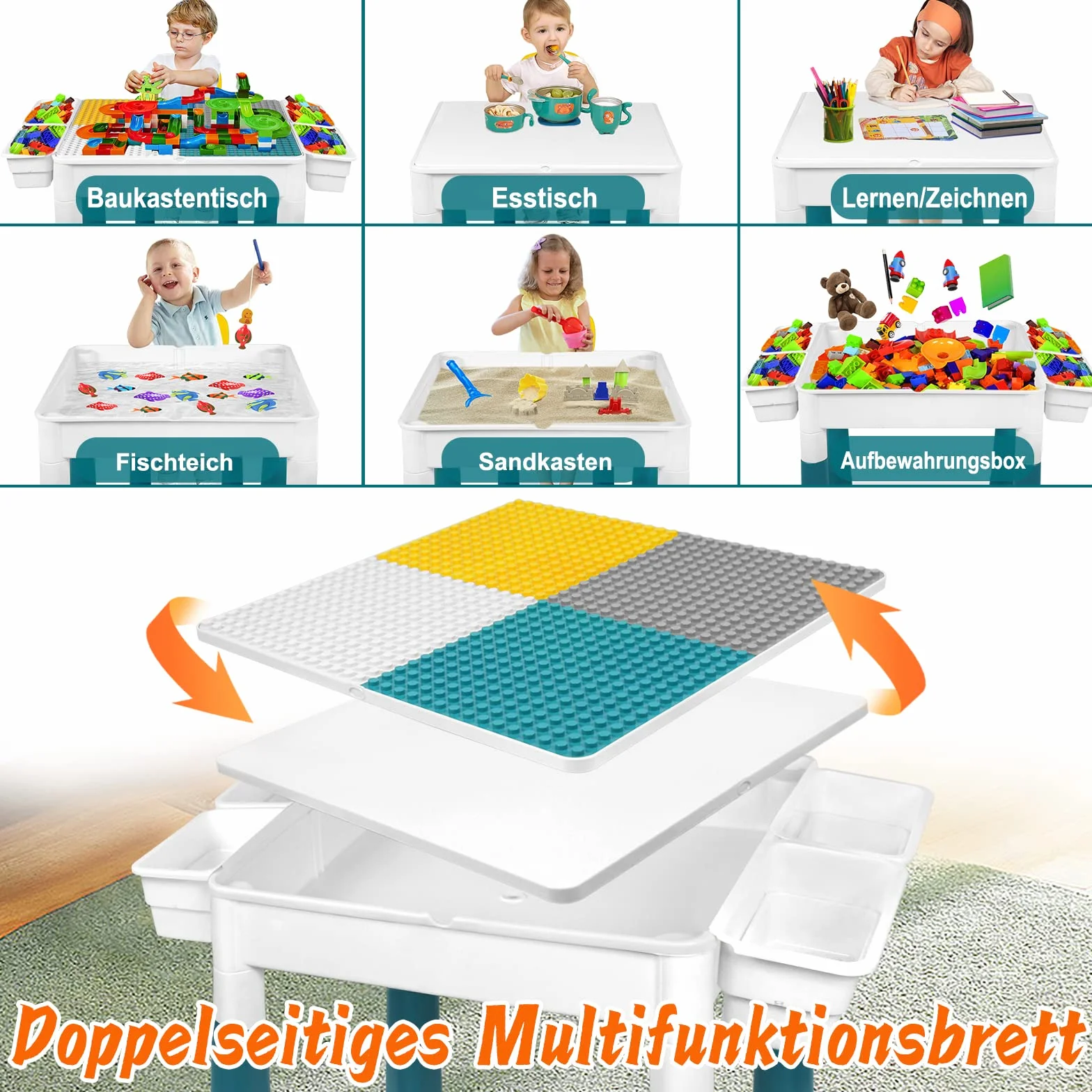 Tavolo per bambini 6 in 1 con 2 sedie e 163 mattoncini da costruzione, tavolo da attività multifunzione