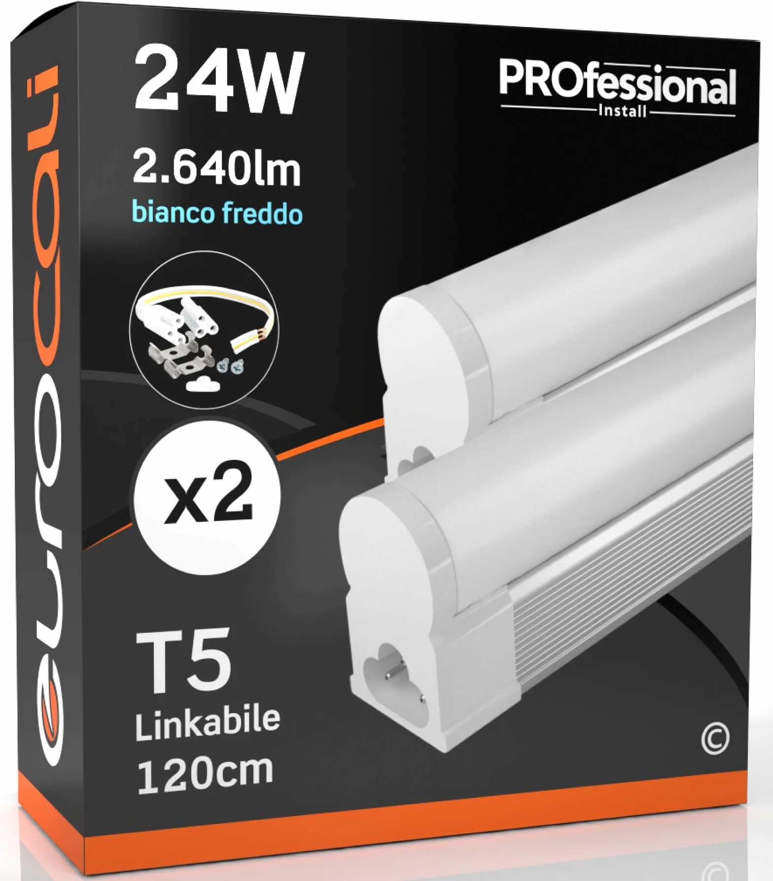 Eurocali Luce LED Sottopensile 120cm Raccordabile T5 24W 2640 lumen Luce Bianco Freddo 6500K - Pacco da 2 reglette