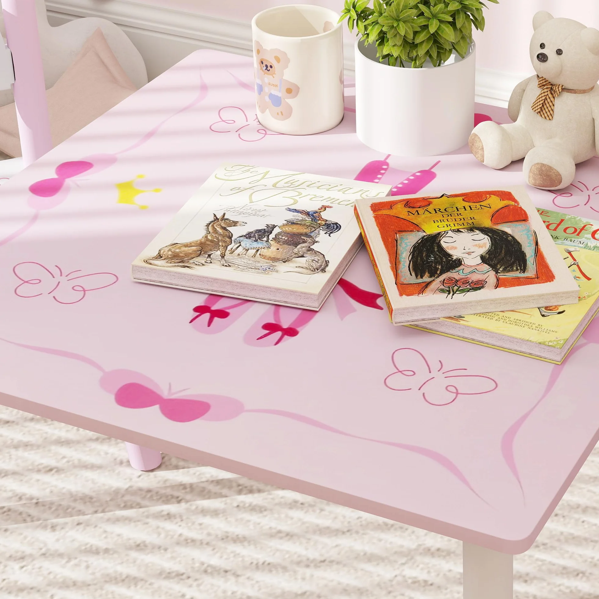 AIYAPLAY Tavolo e sedie per bambini 3 pezzi stile principessa Rosa e bianco