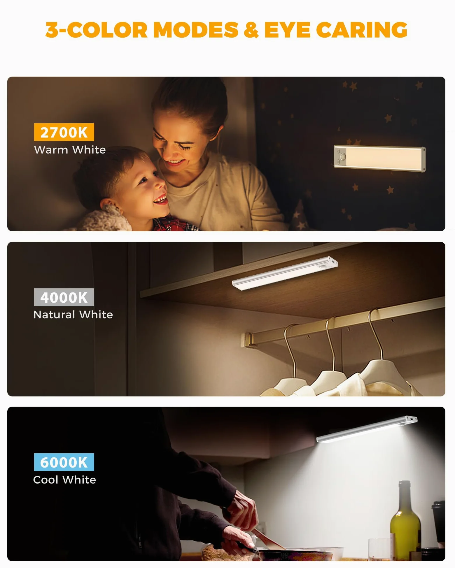 ASOKO Illuminazione Sottopensile Interno con Sensore di Movimento 3 Colori USB C Ricaricabile a Batteria Magnetica Senza Fili per Cucina (Luce)