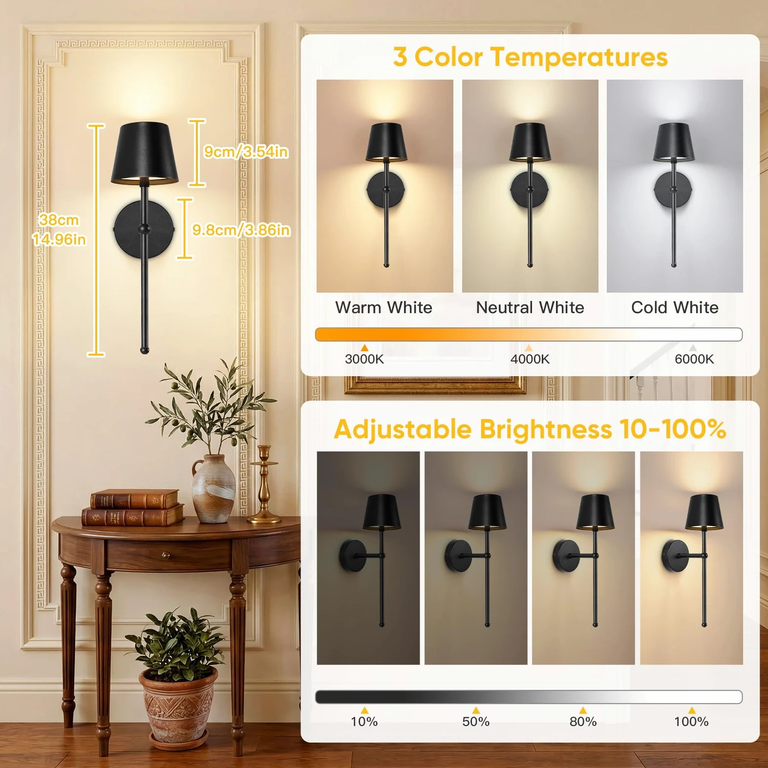 TaoFiaCo Applique da Parete a LED Interni Ricaricabile Nero, Long, 2 Pezzi | Lampada da Parete con Telecomando, 3 Temperature di Colore, Applique a LED Senza Fili con Batteria per Soggiorno