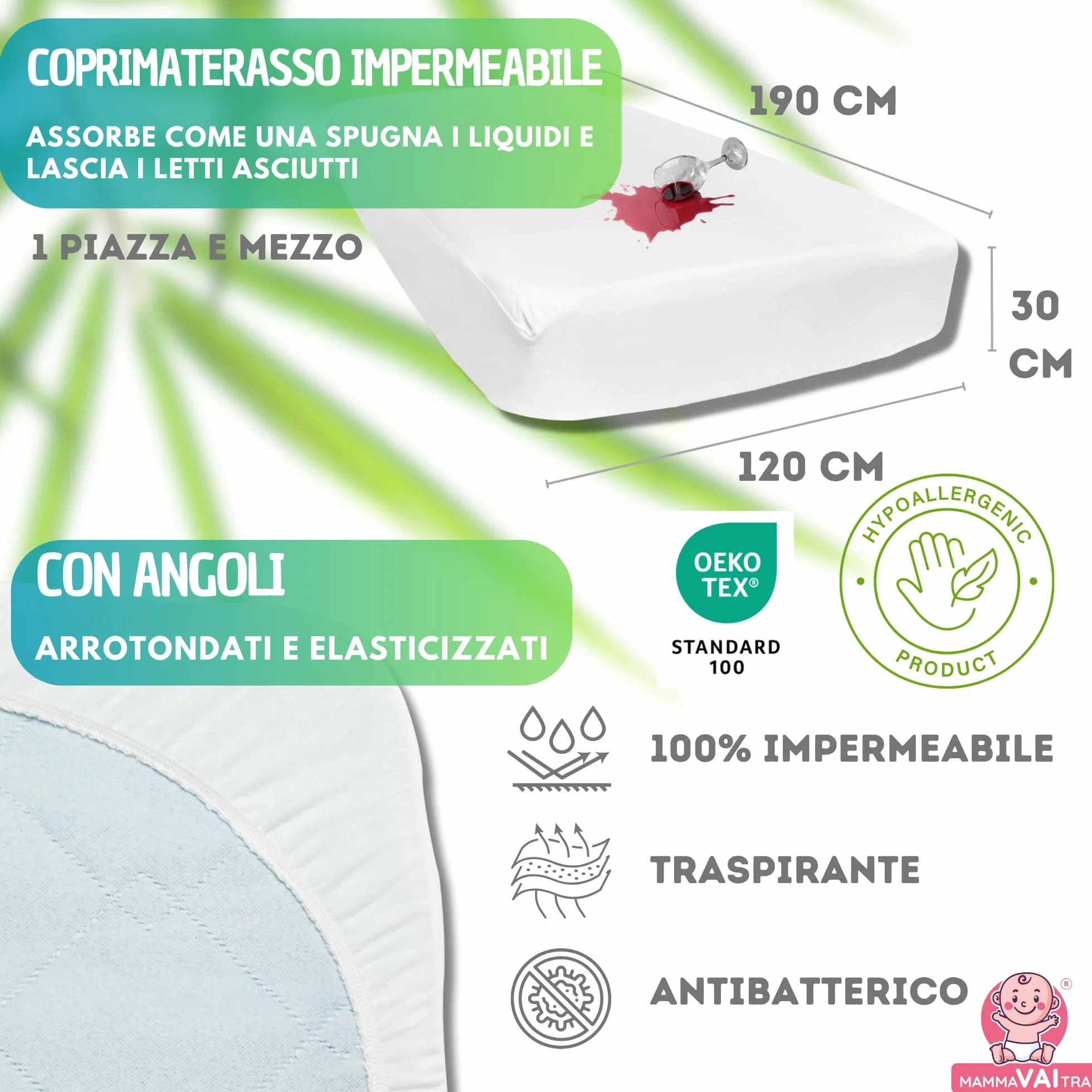 Coprimaterasso Impermeabile in Bambù Una Piazza e Mezzo 120x190x30