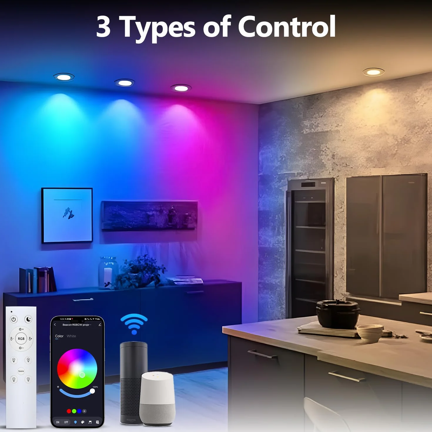 Faretti Led da Incasso per Cartongesso Alexa Wifi Bluetooth, RGBW 2700K a 6000K, Dimmerabili App Controllo, 10W, alluminio, faretti da incasso con gateway intelligente e telecomando, 6pcs