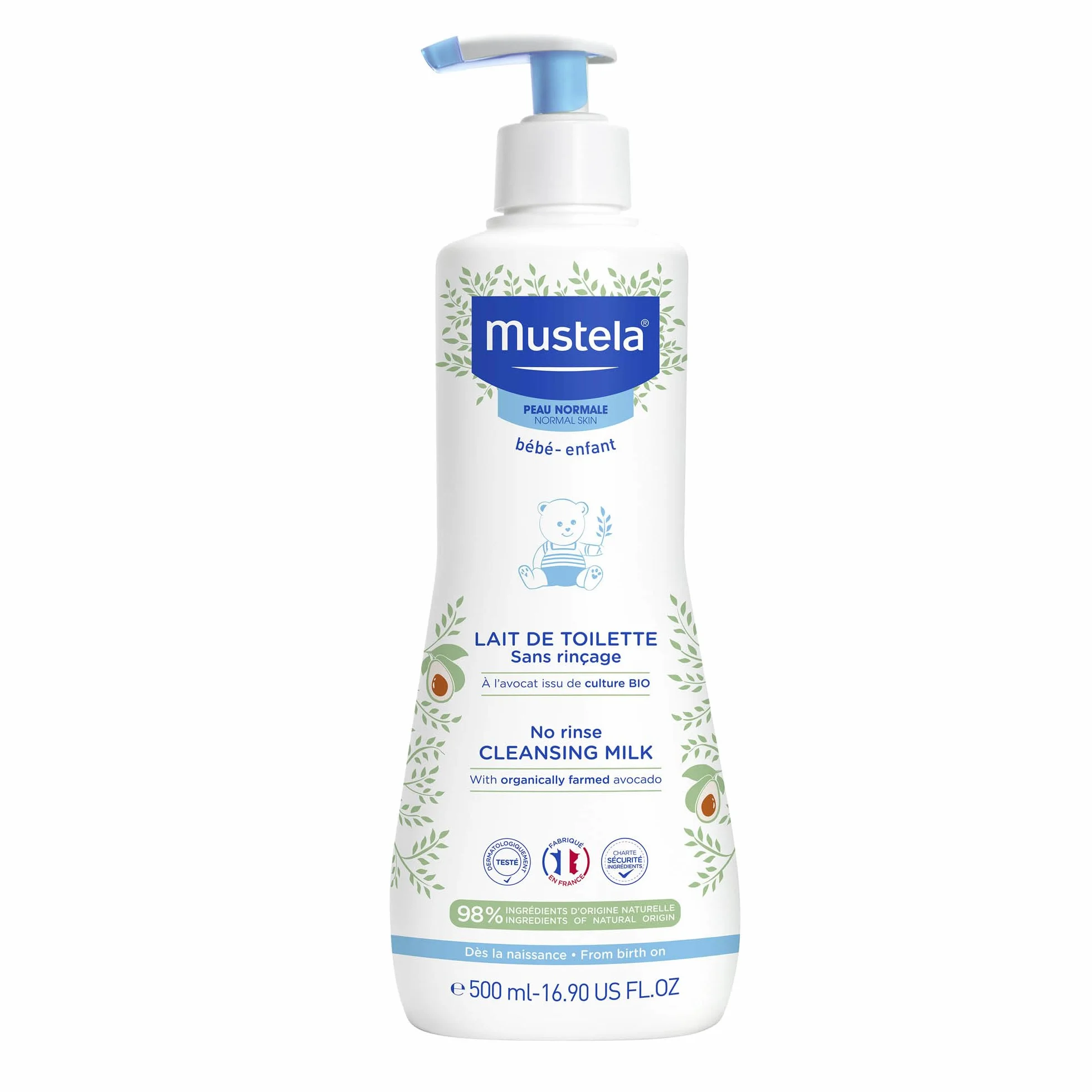 Mustella Latte Detergente Viso Corpo e Cambio Pannolino 500ml - Senza Risciacquo 98% Ingredienti Naturali