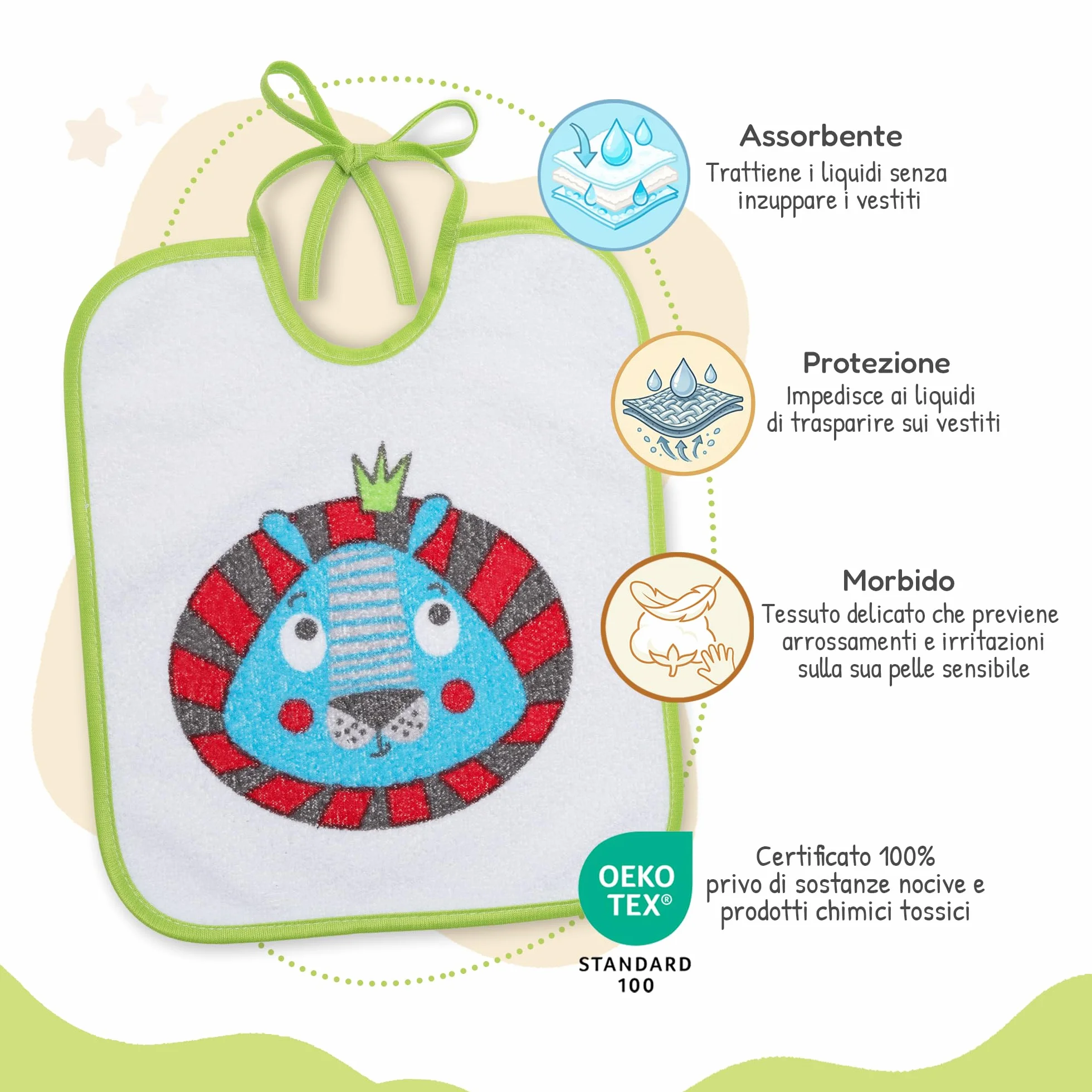 Bavaglini Impermeabili 73% Cotone 27% Poliestere Confezione da 7 23x27 cm per Bambini 6-18 Mesi