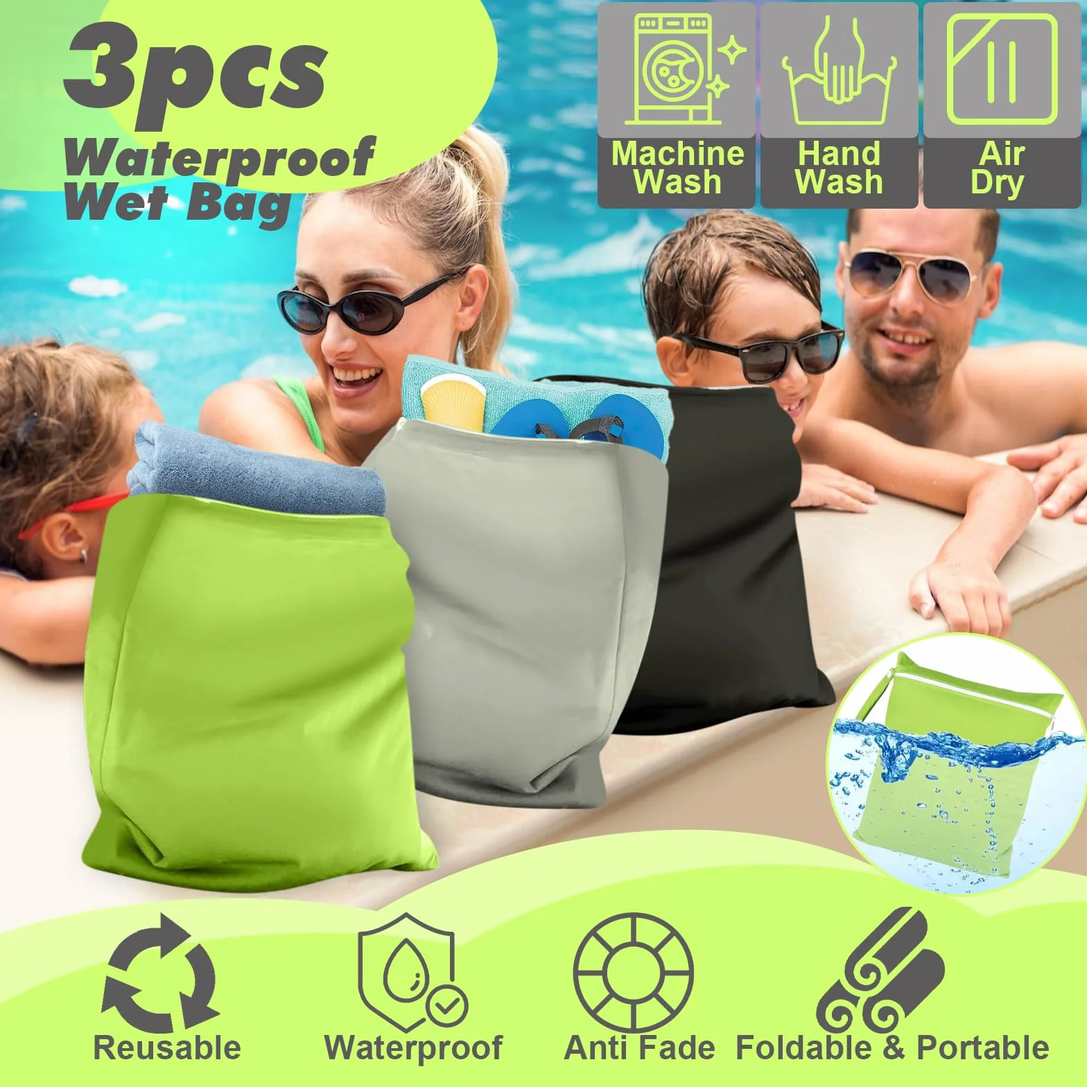 Wetbag Impermeabile 40x30 cm 3 Pezzi con Cerniera Riutilizzabile Nero Grigio Verde