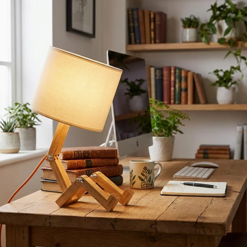 BARCELONA LED Lampada da Tavolo in Legno Articolata YOKI, Lampada Scandinava Design Omino con Paralume Bianco, Lampada da Scrivania E27 per Camera da Letto, Salotto e Ufficio