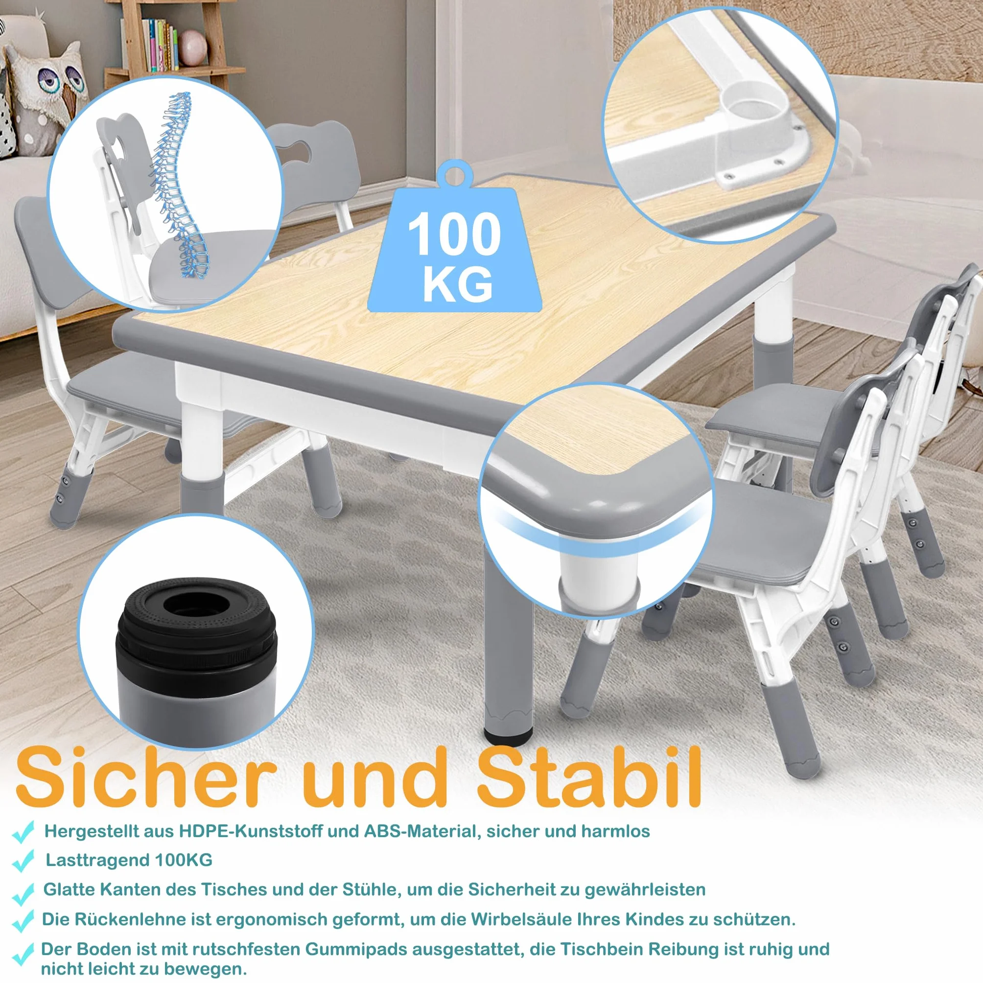 Aufun Tavolo per bambini con set di 4 sedie, dinette regolabile in altezza