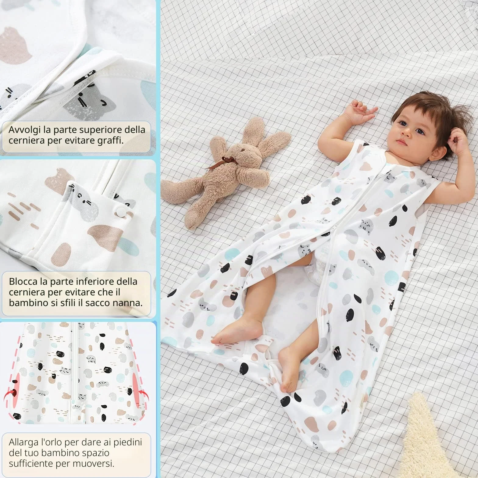 Mosebears Sacco nanna Estivo per Bambini 0,5 Tog 100% Cotone Traspirante Spot Cat S (0-6 mesi)