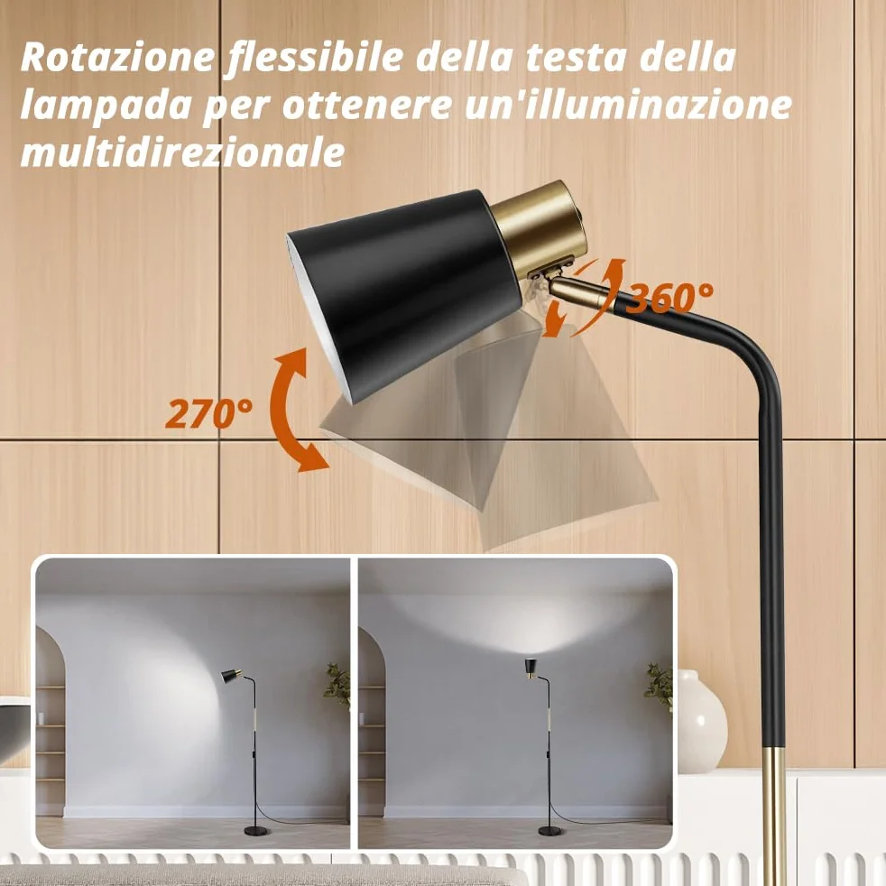 OUSFOT Lampada da Terra Vintage 230V Piantana Moderna Lampada E27 max 40W Lampada da Divano in metallo con altezza 146cm Lampada Lettura per Salotto, Camera da Letto, Studio (Senza Lampadine) Nero