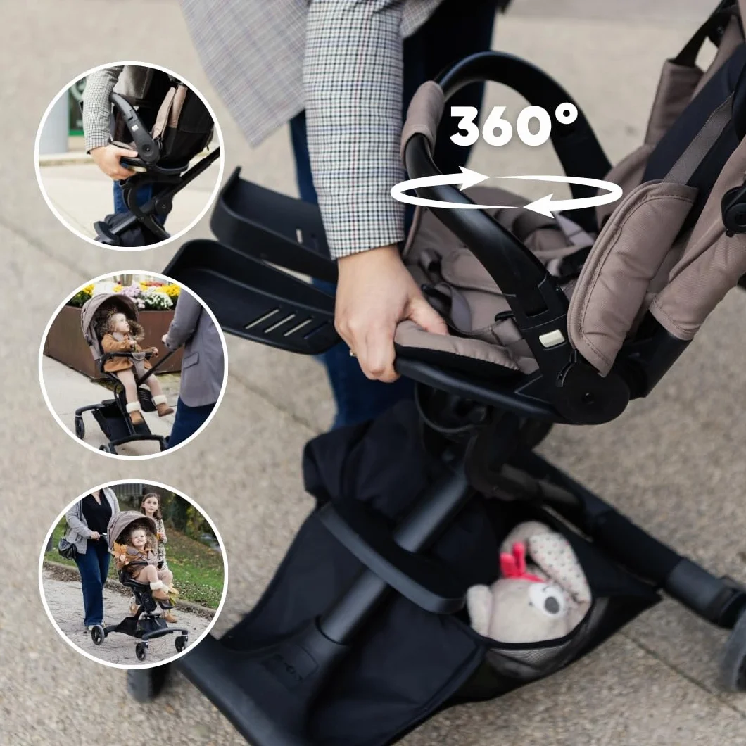 BÉABA X Micro Mobility Baby Cruiser Passeggino Dalla Nascita, Seduta Girevole 360°, 7 Posizioni, 3 Inclinazioni, Chiusura Una Mano, Ruote LED, Imbracatura 5 Punti, Cappottina UPF 50+, Pralinato
