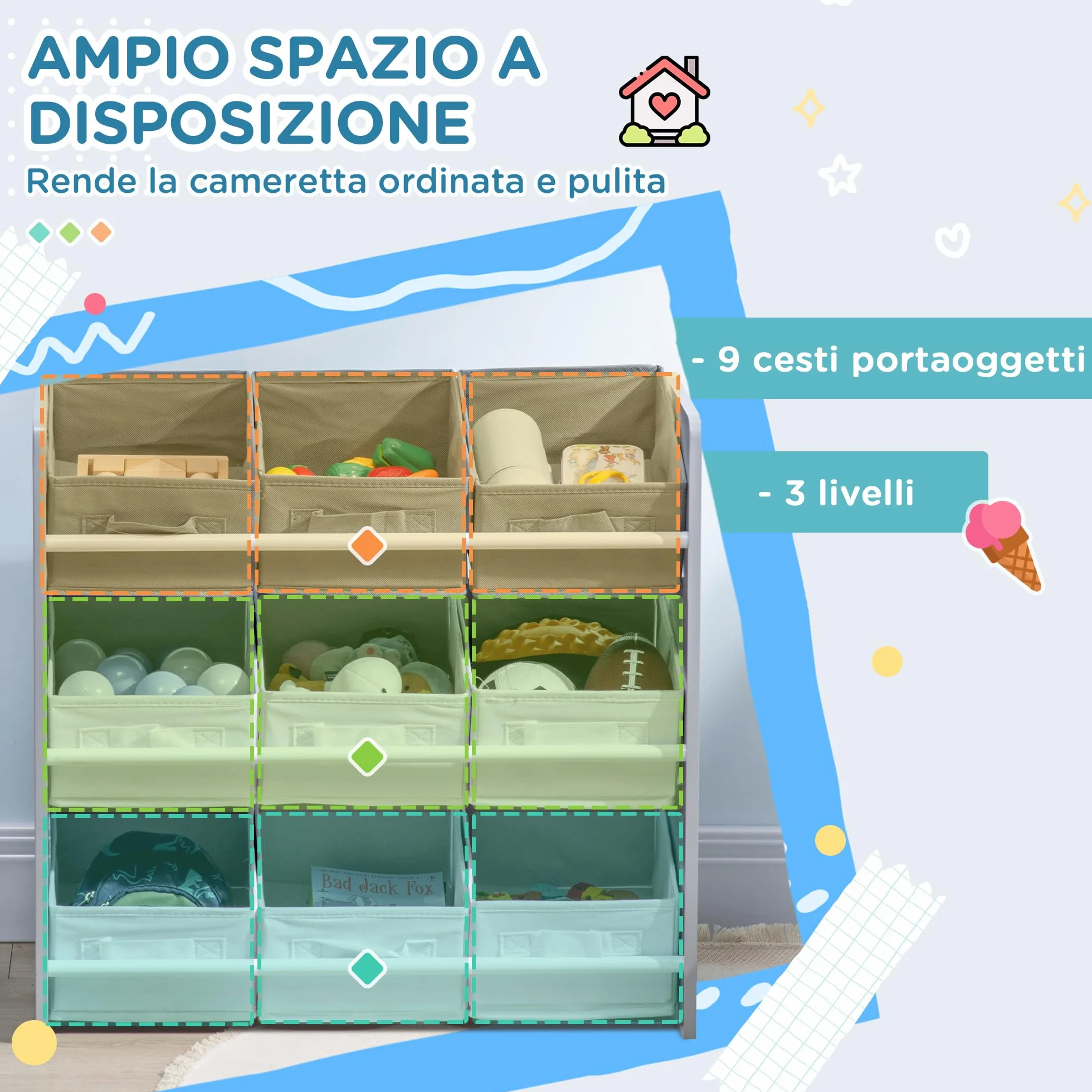 ZONEKIZ Set per Bambini 3-6 Anni con Lettino 143x76x49 cm, Mobile Portagiochi 63x30x60 cm e Cassapanca 60x30x50 cm, Grigio