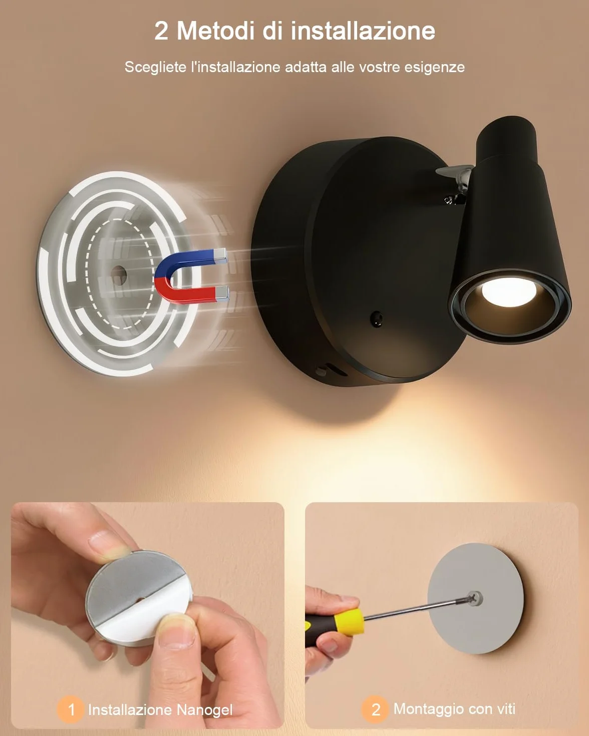 Faretto LED Interno Senza Fili con Ricaricabile Batteria da 5000mAh, 2 Pezzi Faretti da Parete con Dimmerabile & 3 Temperature Colore per Letto Tocco & Telecomando