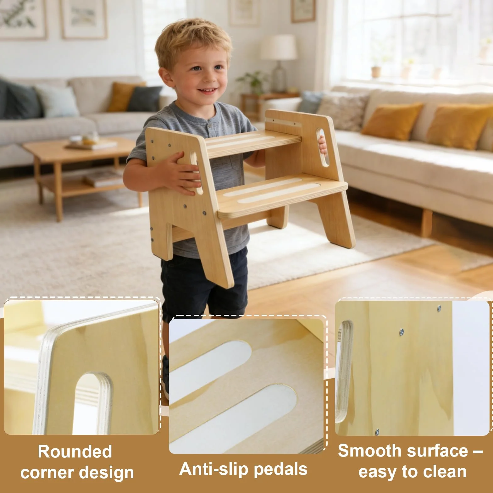 Sgabello in Legno per Bambini a 2 Gradini Regolabile Antiscivolo 150 kg