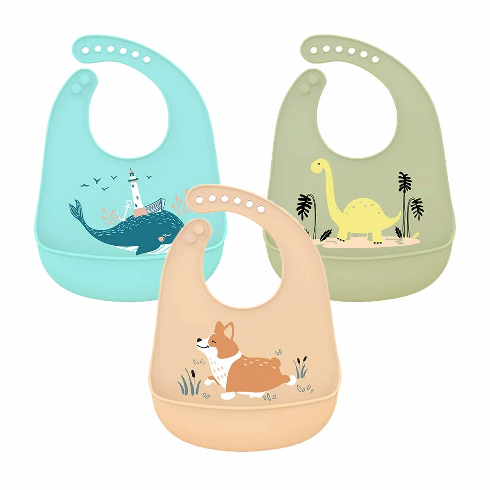 Bavaglini in Silicone Impermeabile 3 Pezzi con Tasca Raccoglipappa per Bambino