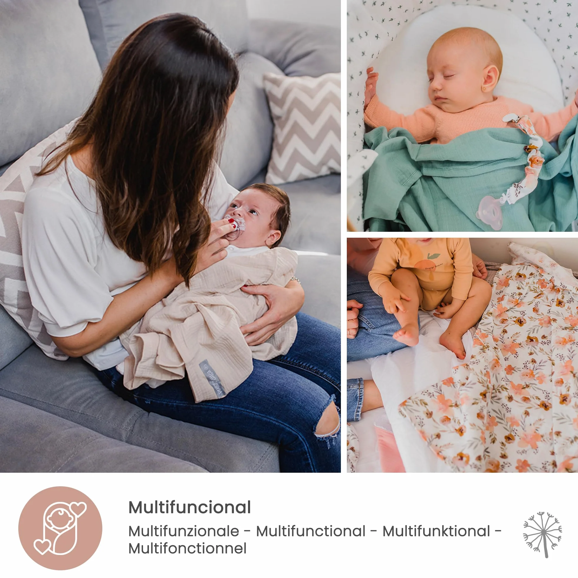 Confezione da 2 Mussola per Bambini 1x1m, Panno per Allattamento in Cotone Morbido, Assorbente, Traspirante (Ecru/Mint)
