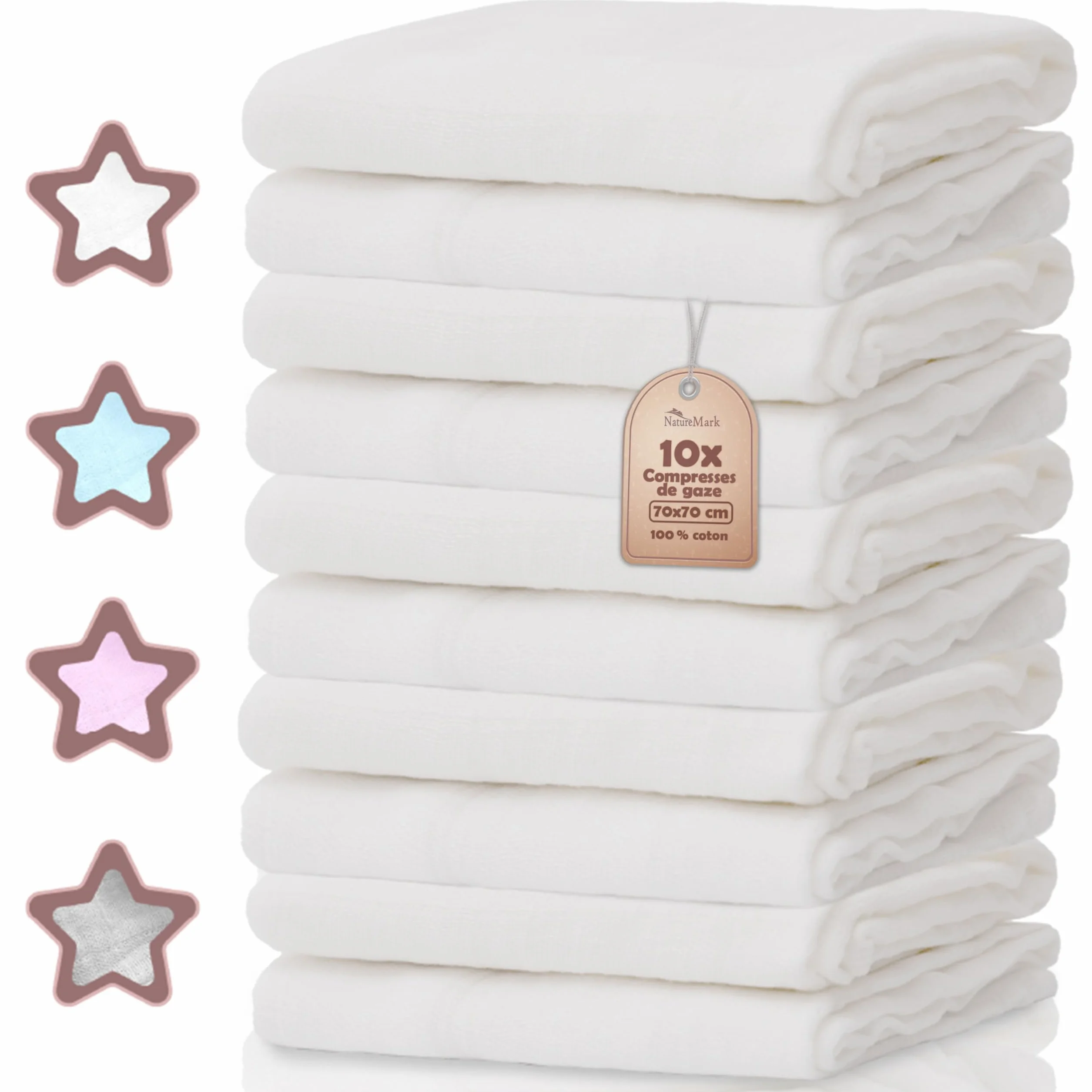 NatureMark Set da 10 Panni in Mussola per Bambino 100% Cotone 70x70 cm Bianca