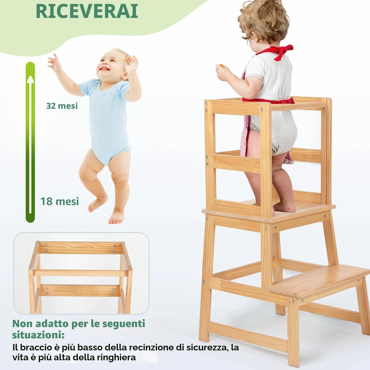 Torre Montessoriana per Bambini con Lavagna e Sbarra di Sicurezza, Sgabello Estraibile per Adulti, Naturale