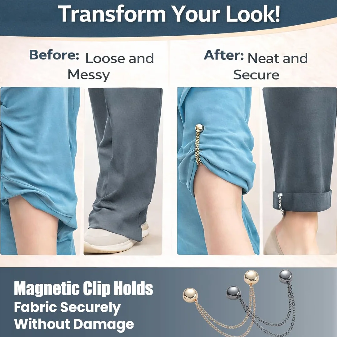 Spille Magnetiche per Vestiti con Catena 6 Pezzi, Fibbie Magnetiche per Gambe Pantaloni, Clip Multifunzione