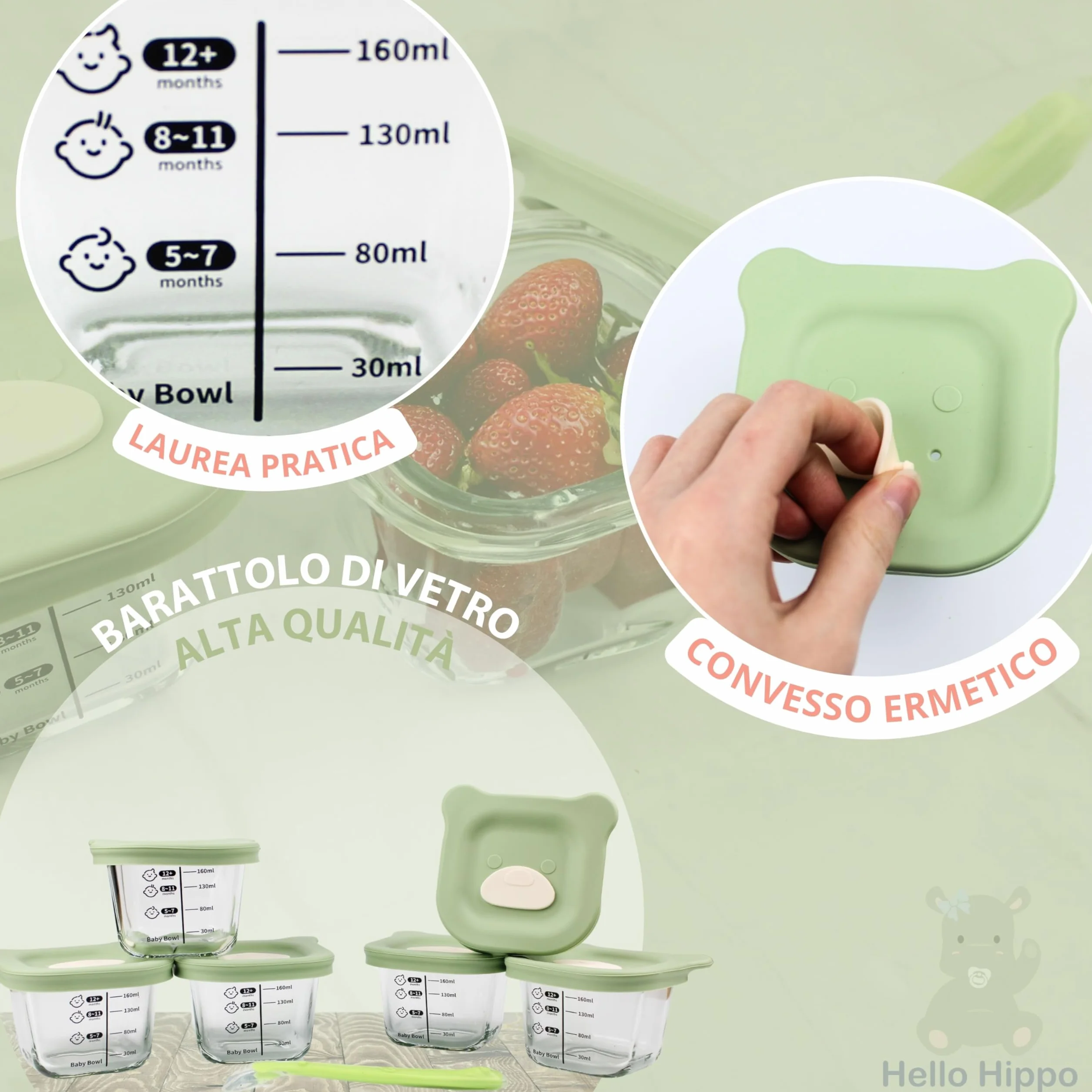 HELLO HIPPO® Set 6 Vasetti Pappa Neonati Vetro 160ml Contenitori Svezzamento Ermetici BPA Free