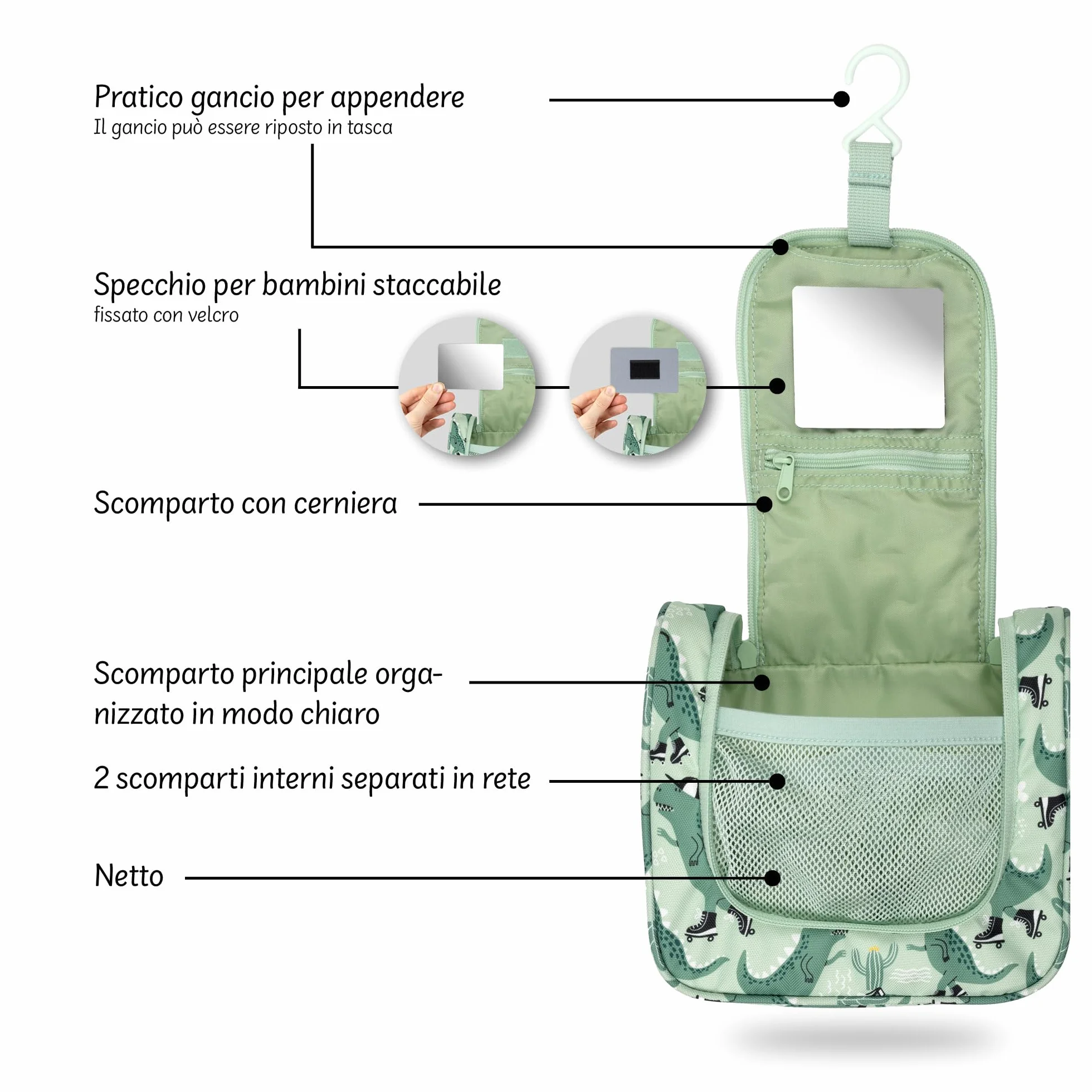 Beauty case bambino appendere trousse toilette sostenibile poliestere riciclato idrorepellente specchio scomparti Dinosauro Verde