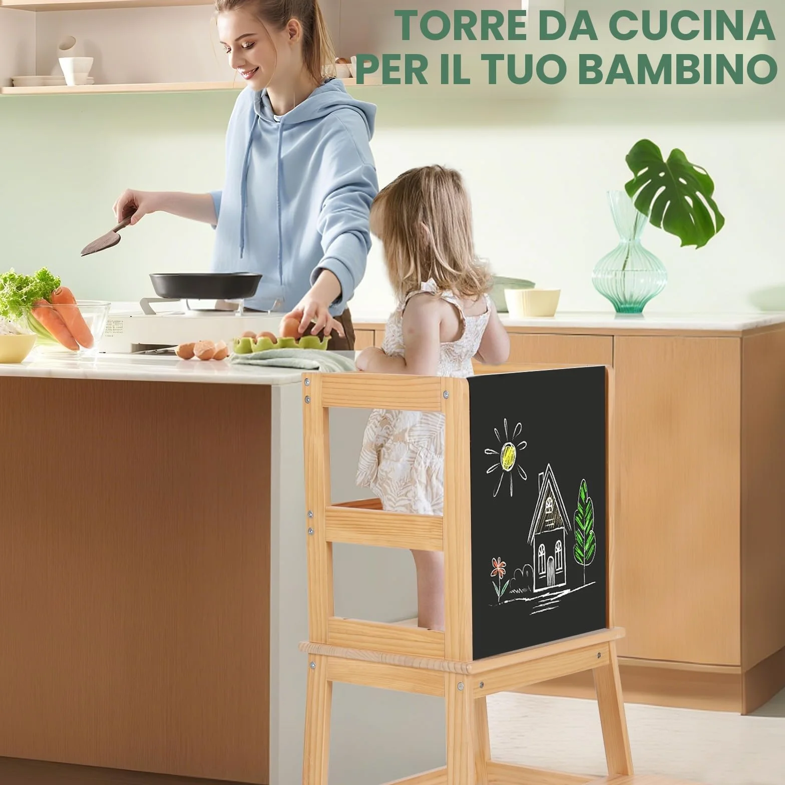 Torre Montessoriana per Bambini con Lavagna e Sbarra di Sicurezza, Sgabello Estraibile per Adulti, Naturale
