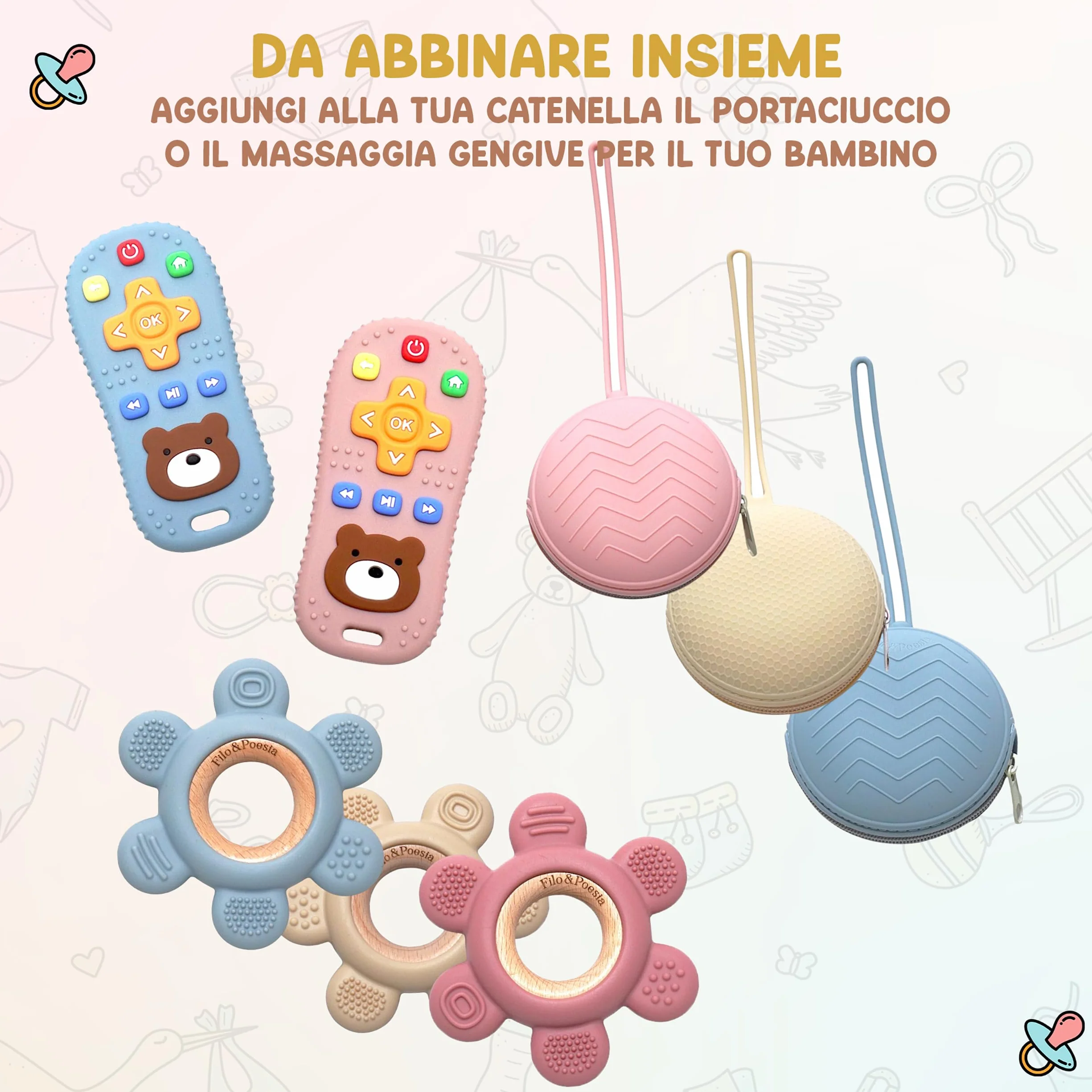 Portaciuccio Personalizzato con Nome Ricamato 2 Pezzi Rosa-Beige Filo e Poesia