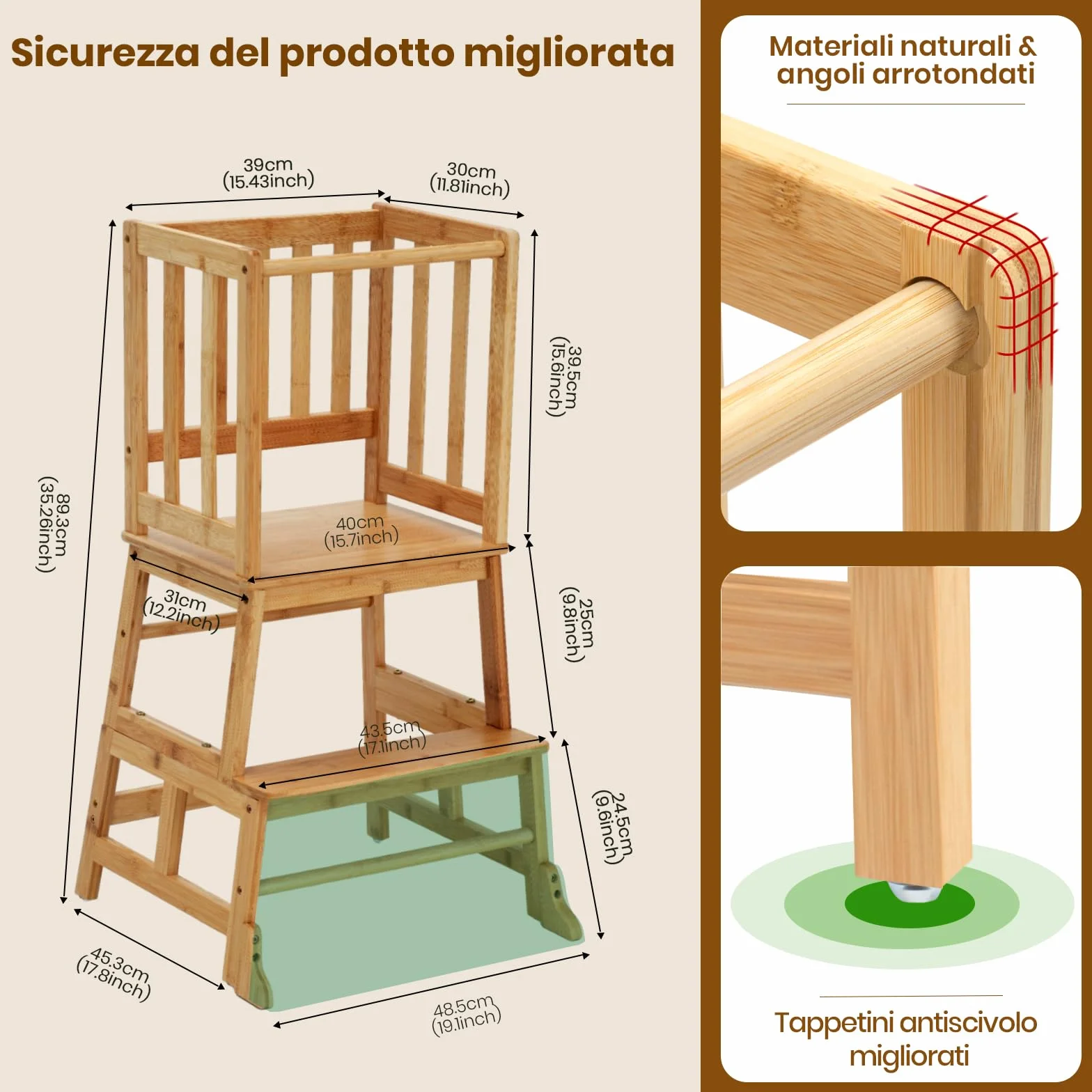 COSYLAND Torre Montessoriana per Bambini 18-36 Mesi - Torre di Apprendimento con Struttura a A Antiribaltamento, Legno Naturale