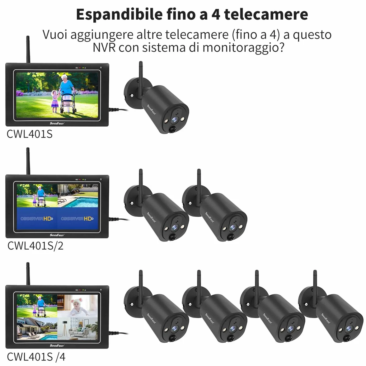 SecuFirst Kit Telecamere Videosorveglianza Esterno 2K senza fili 7" Touch Screen monitor 64 GB memoria nessun abbonamento