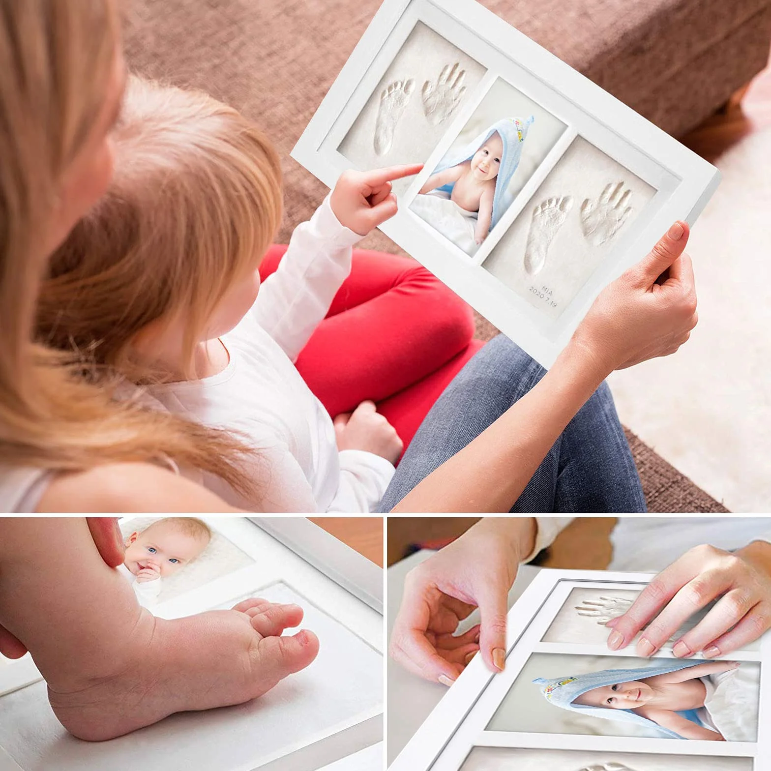Kit Porta Foto Impronta Mani e Piedi Neonati, Cornice Impronte Neonato con Portafoto Legno e Argilla