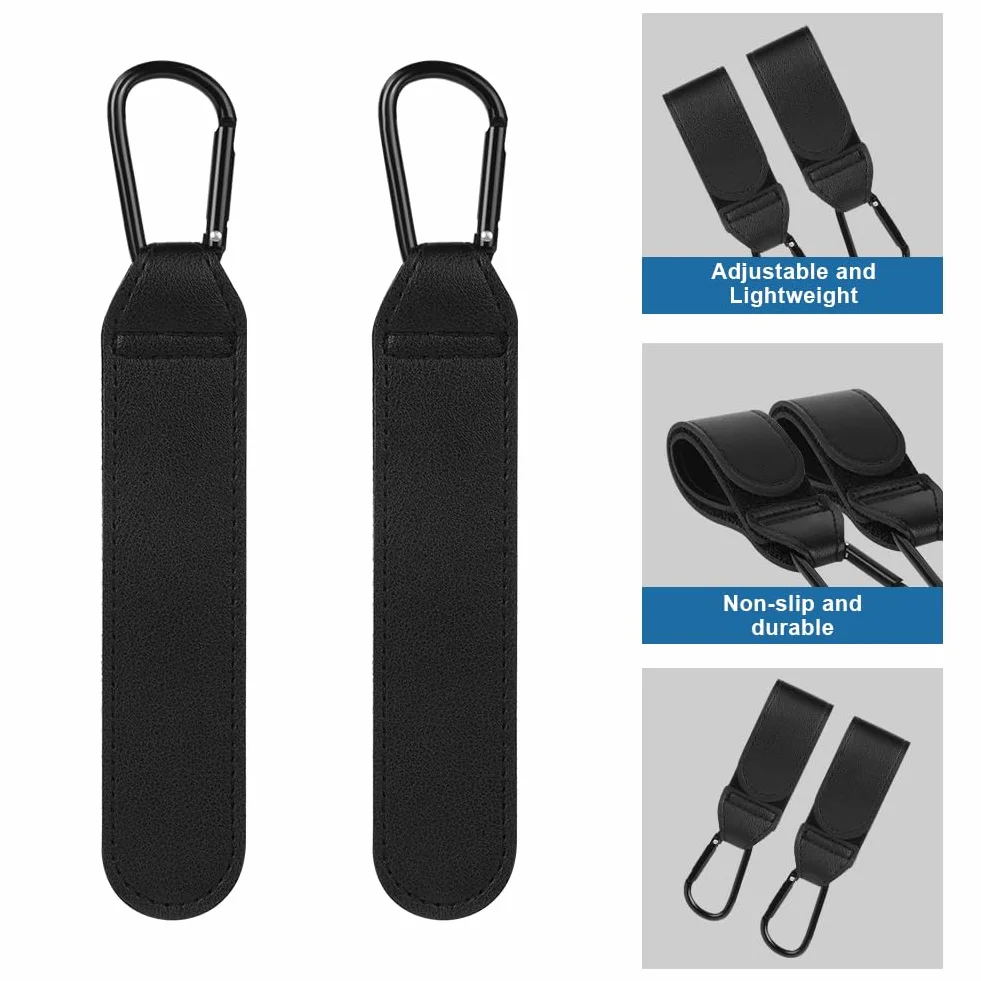 Ganci Passeggino 2 Pezzi, Nero, Universale Sicuri Resistenti, Accessori in Pelle, Antiscivol, Fino a 5 kg