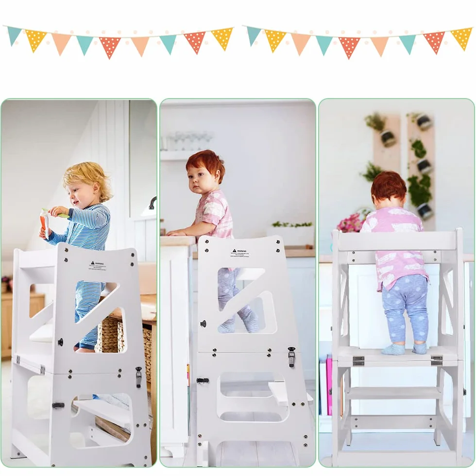 YOLEO Torre Montessoriana Bambini 3 in 1 Pieghevole Multifunzionale Learning Tower con Lavagna Magnetica Bifacciale Bianco