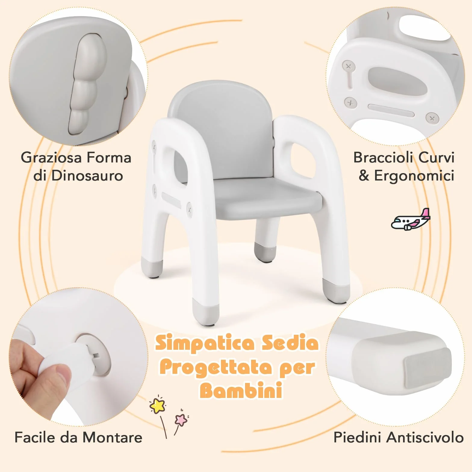 COSTWAY Tavolo e Sedia per Bambini Dinosauro Set Scrivania Attività Artistiche Studio 1-5 Anni Grigio