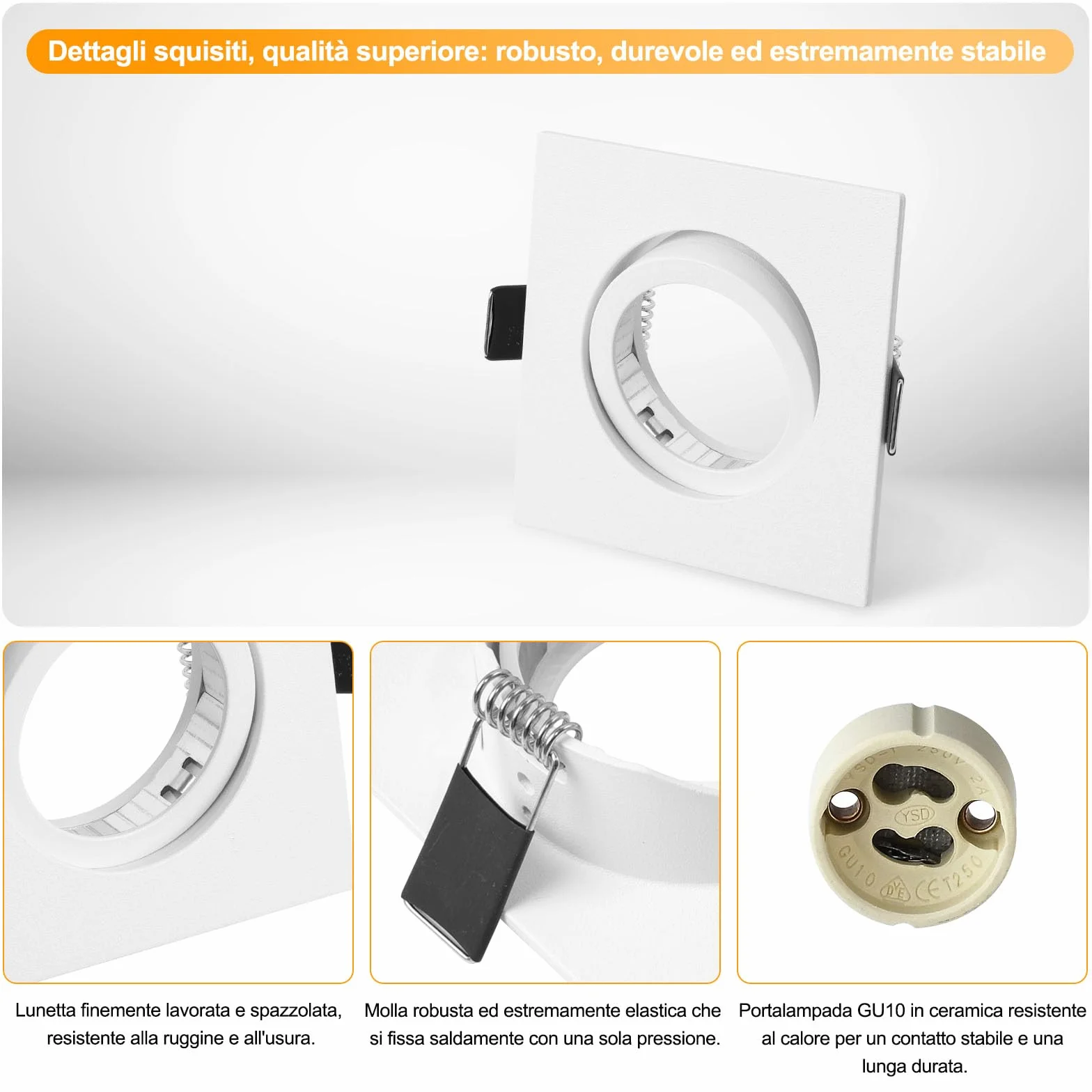 KYOTECH Cornice Faretto Incasso GU10 Orientabile Portafaretto da Incasso Bianco,Per GU10, alogeno e MR16, Faretti led da incasso per cartongesso incl. portalampada,Set da 6 (Quadrata)