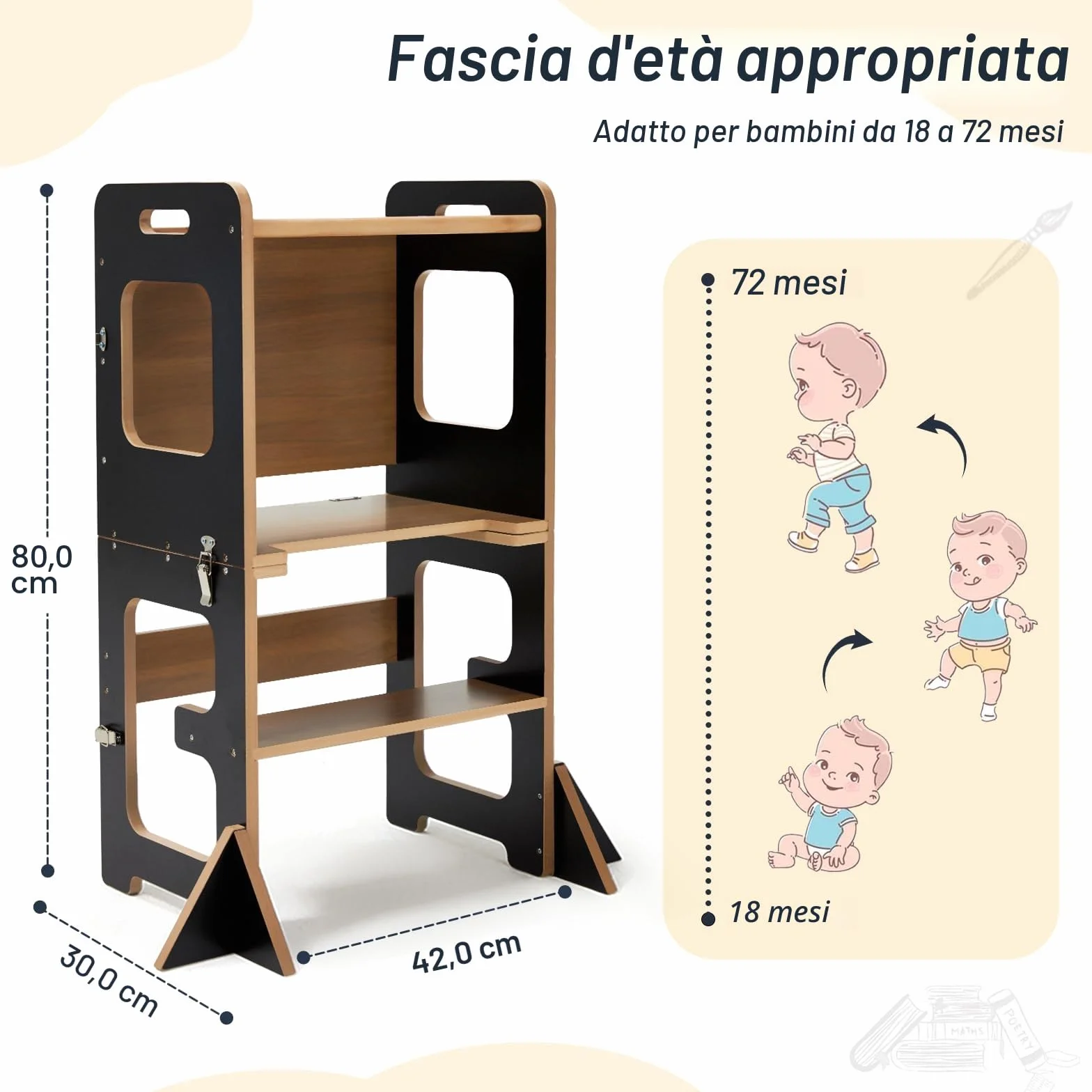 Labebe Torre di Apprendimento per Bambini Montessori 3 in 1 Pieghevole con Lavagna e Protezione Antiribaltamento Nero