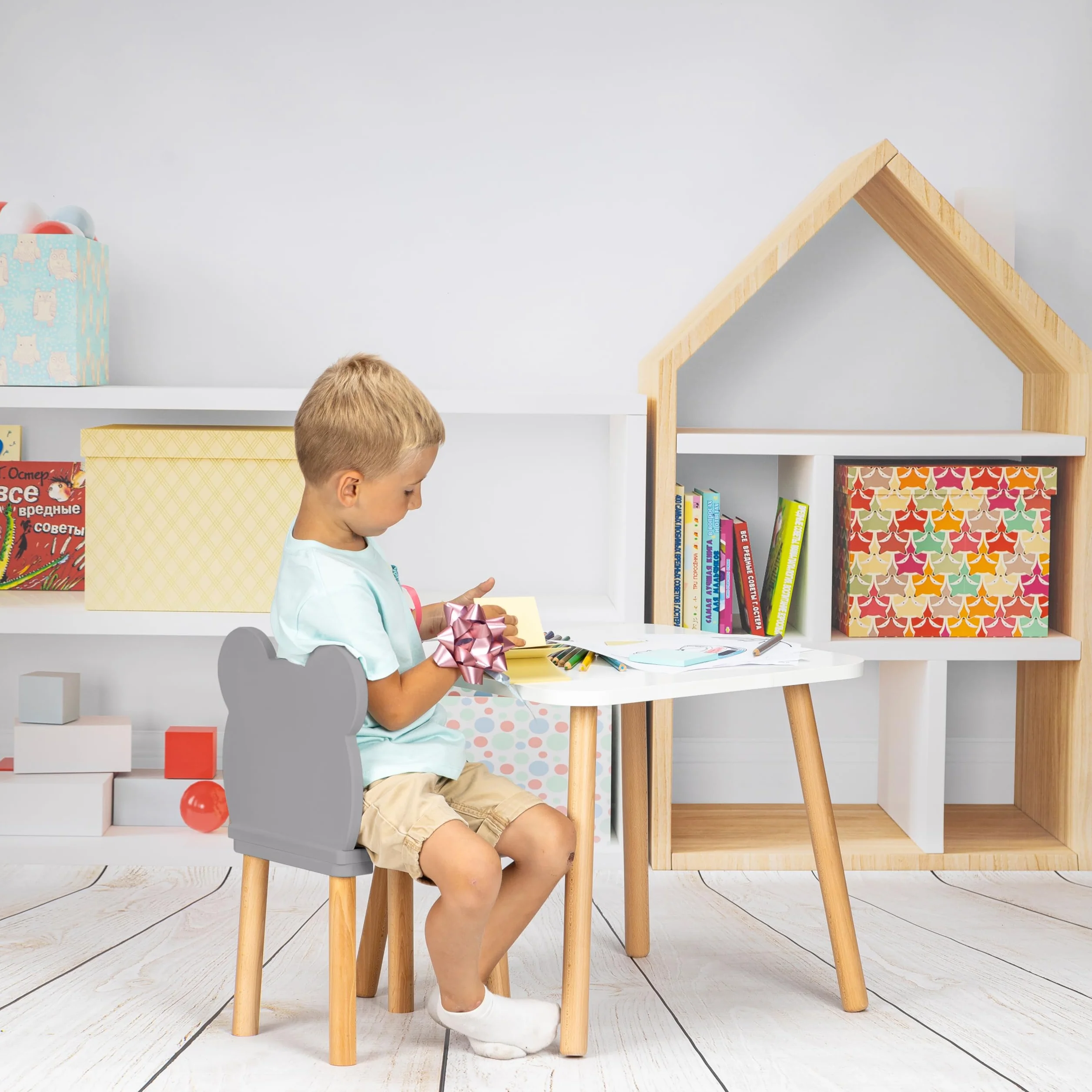 Sedia in legno per bambini con orso rosa Toddler Chair 2-7 anni