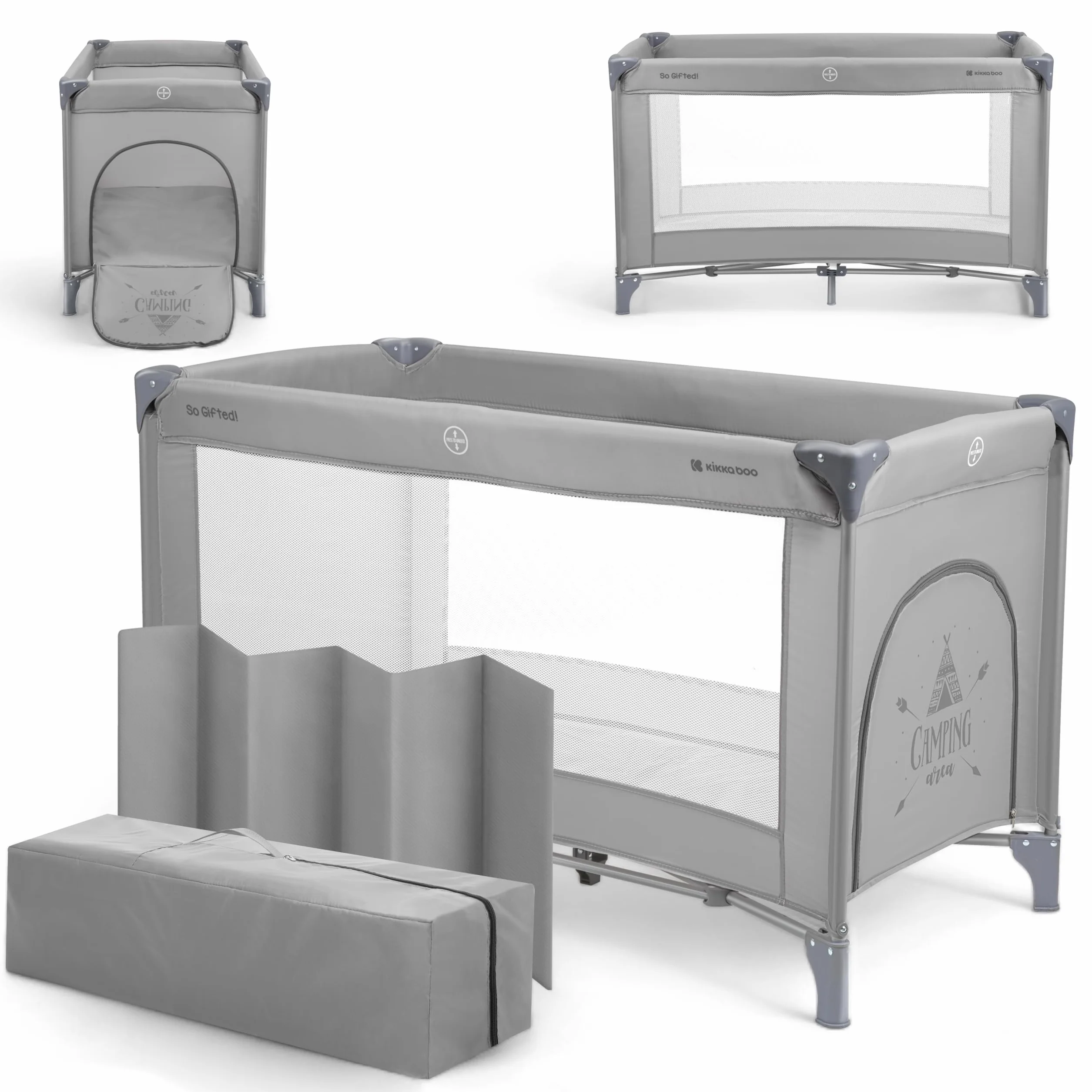 Kikka Boo Lettino da Campeggio SO GIFTED, Culla Neonato da Viaggio 120x60 cm, Fino a 15 kg, Pieghevole, Grigio