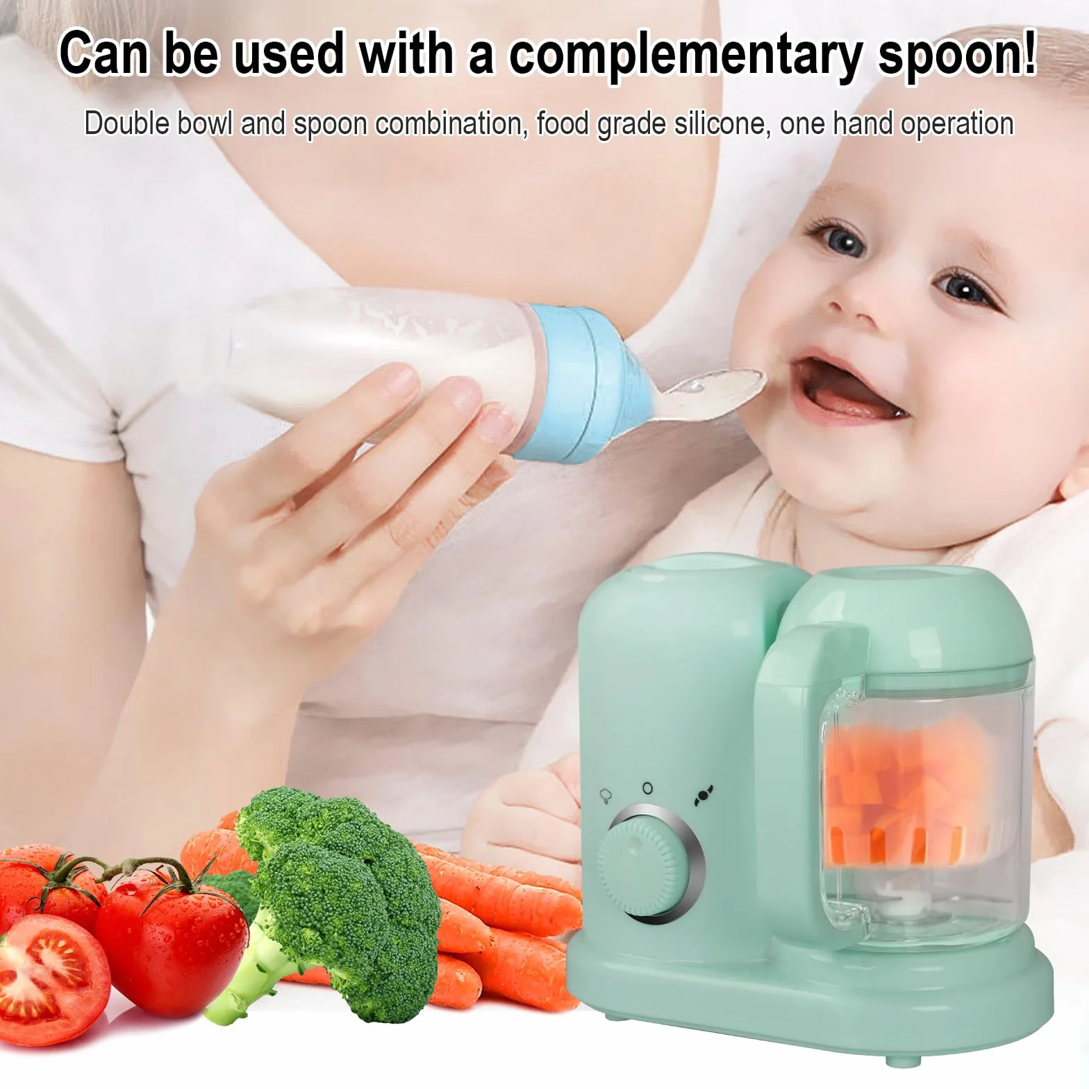 Robot multifunzione 4 in 1 per alimenti bambini, vaporizzatore, frullatore, scongelatore, riscaldatore (Verde)
