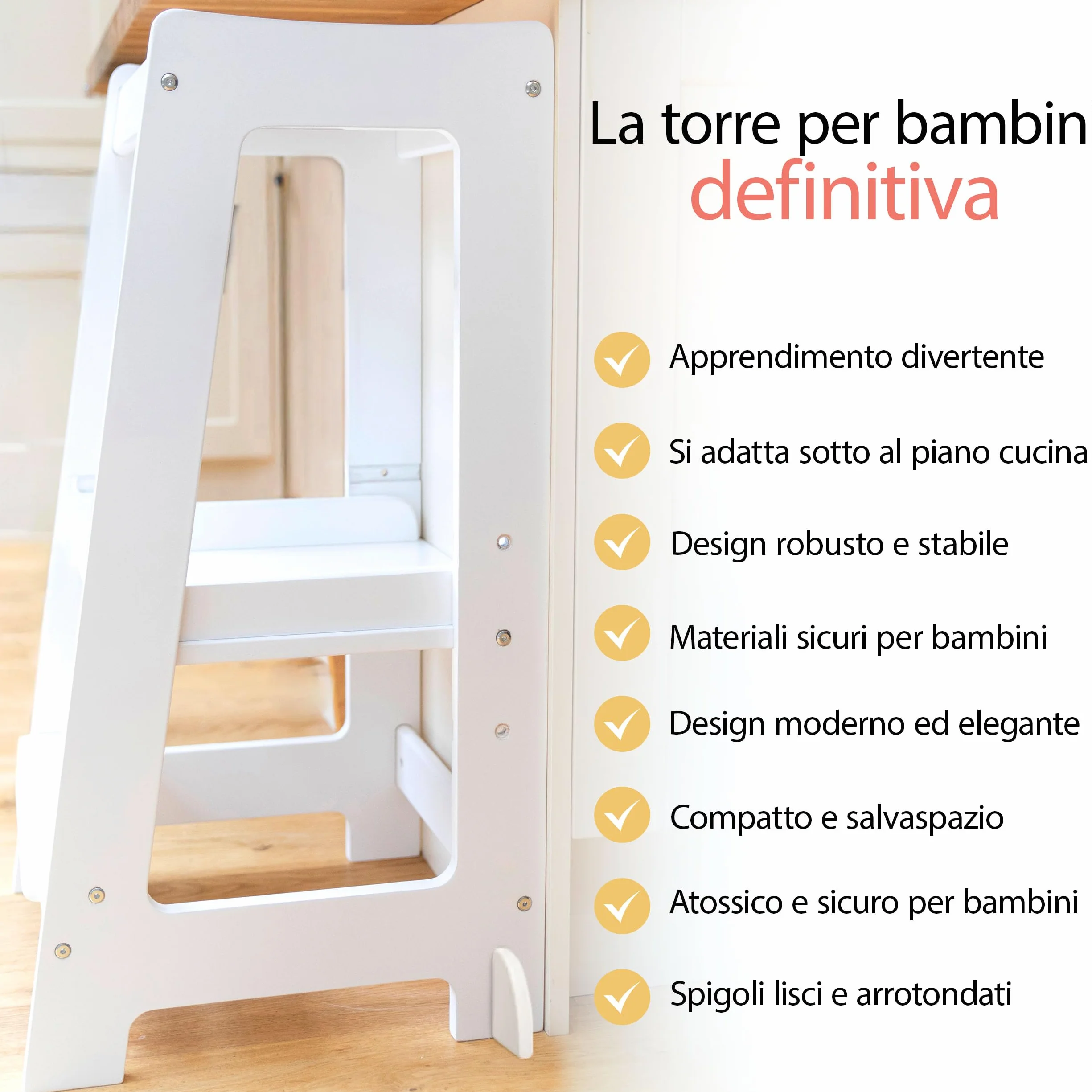 Stepup Baby Torre Montessoriana 3 Altezze Regolabili Torre di Apprendimento Ringhiera Sicurezza Bianco