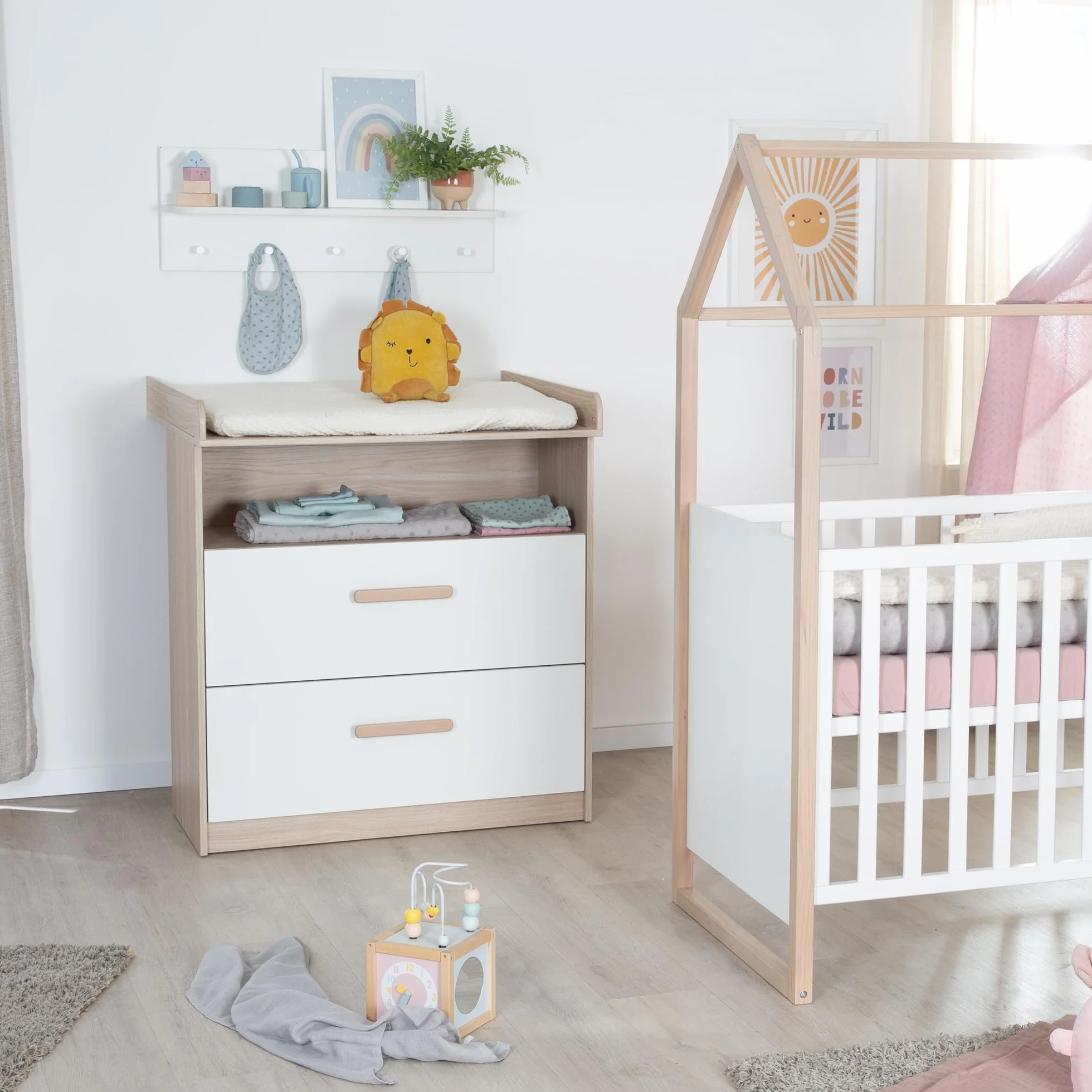 Roba Fasciatoio Cabane Comò per Bambini con Cassetti Estraibili Bianco/Rovere
