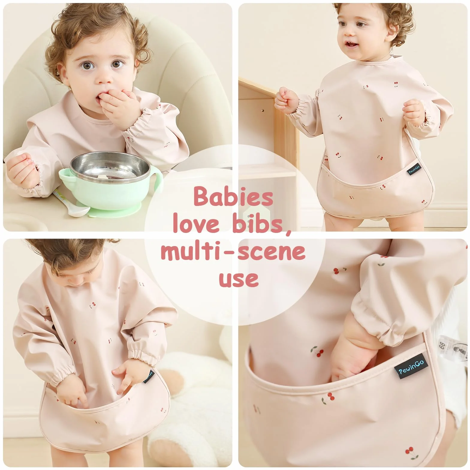 Bavaglino per Svezzamento con Maniche Lunghe BLW Impermeabile Lavabile in Lavatrice Neonati