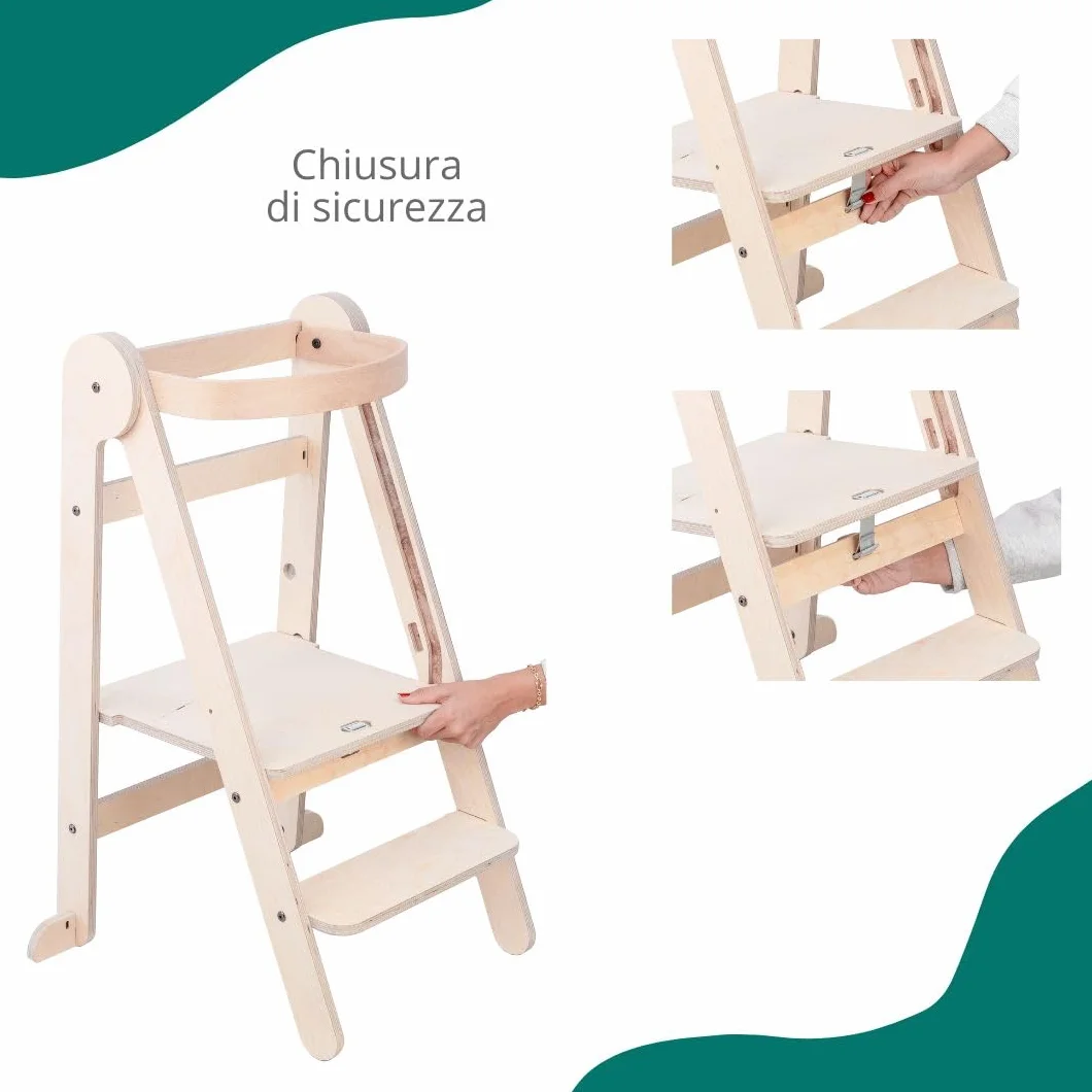 Mamatoyz 08FNAT Torre Montessoriana di Apprendimento Pieghevole Multiuso in Legno Naturale di Betulla con 2 Altezze Regolabili